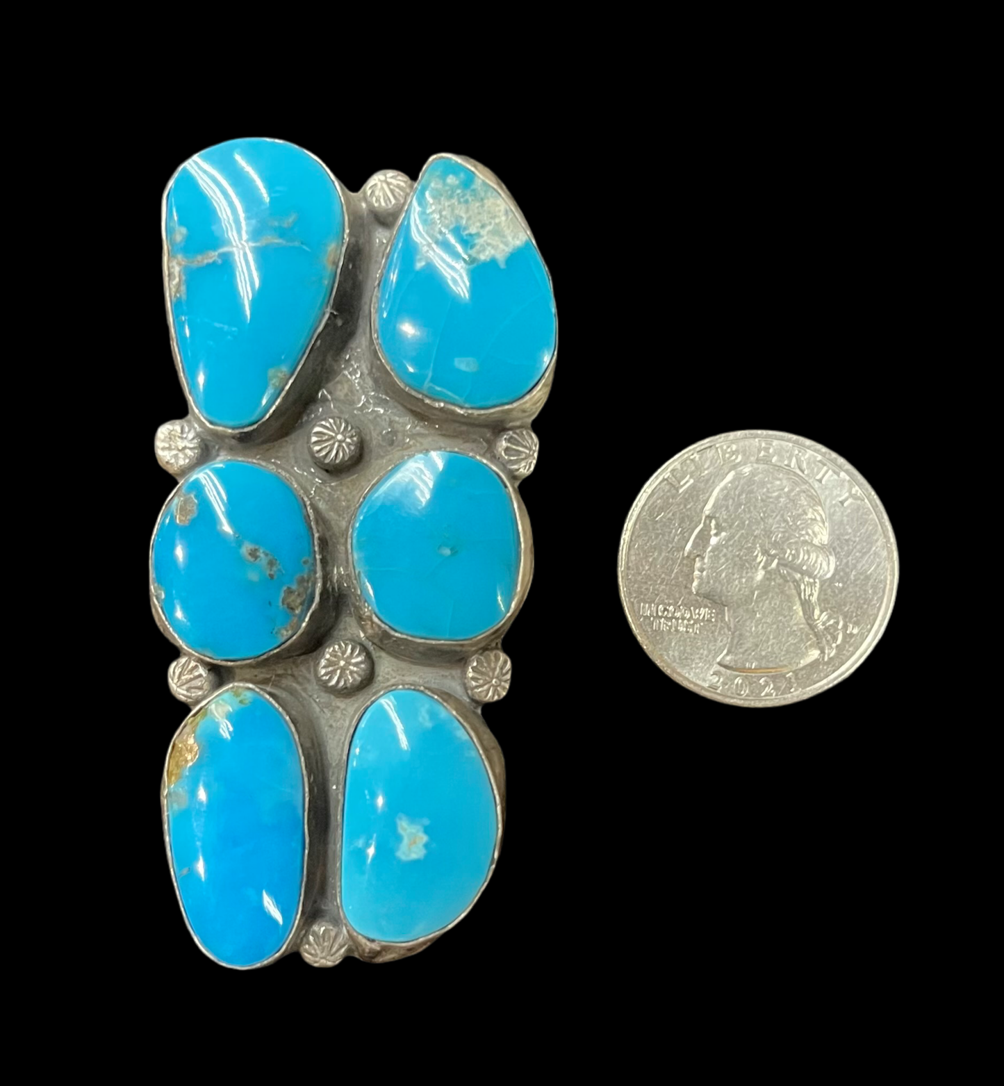 8.0 6 Stone Kingman Turquoise Ring by Gilbert Nez, Navajo
