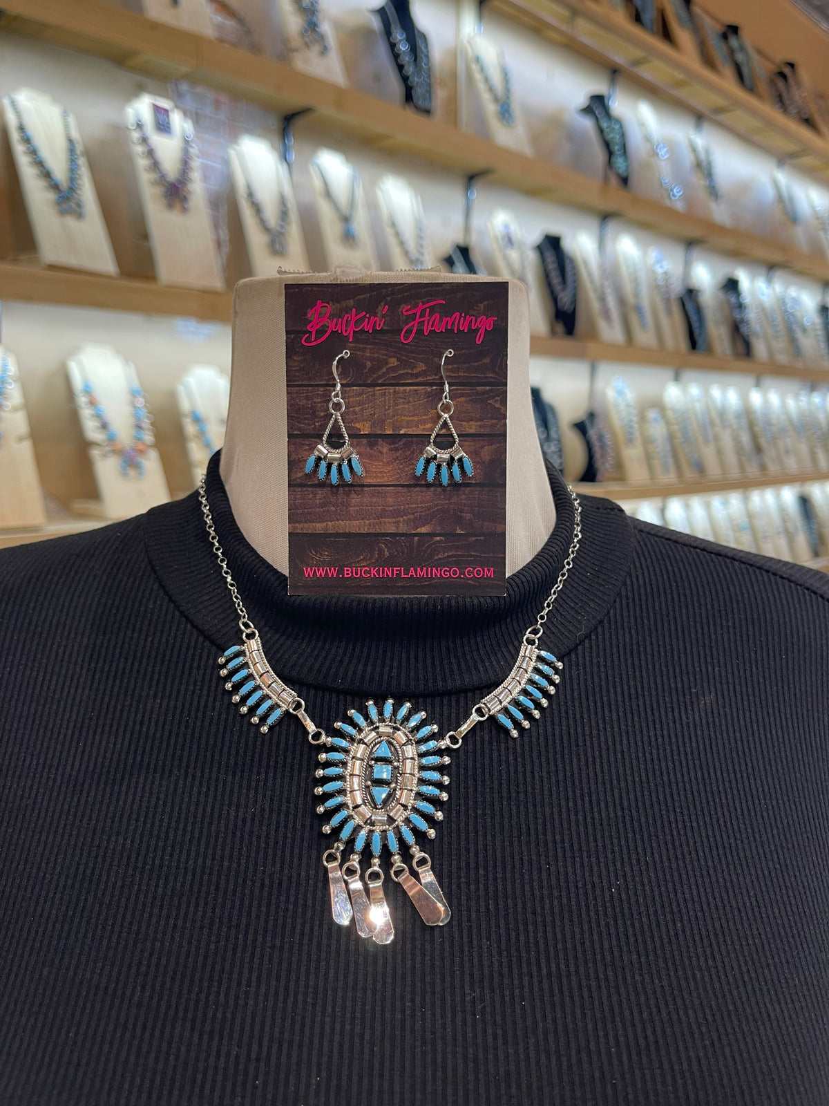 LOT 16 9/20 Sleeping Beauty Turquoise Needlepoint Necklace & Earring Set by Evonne Hutstito, Zuni