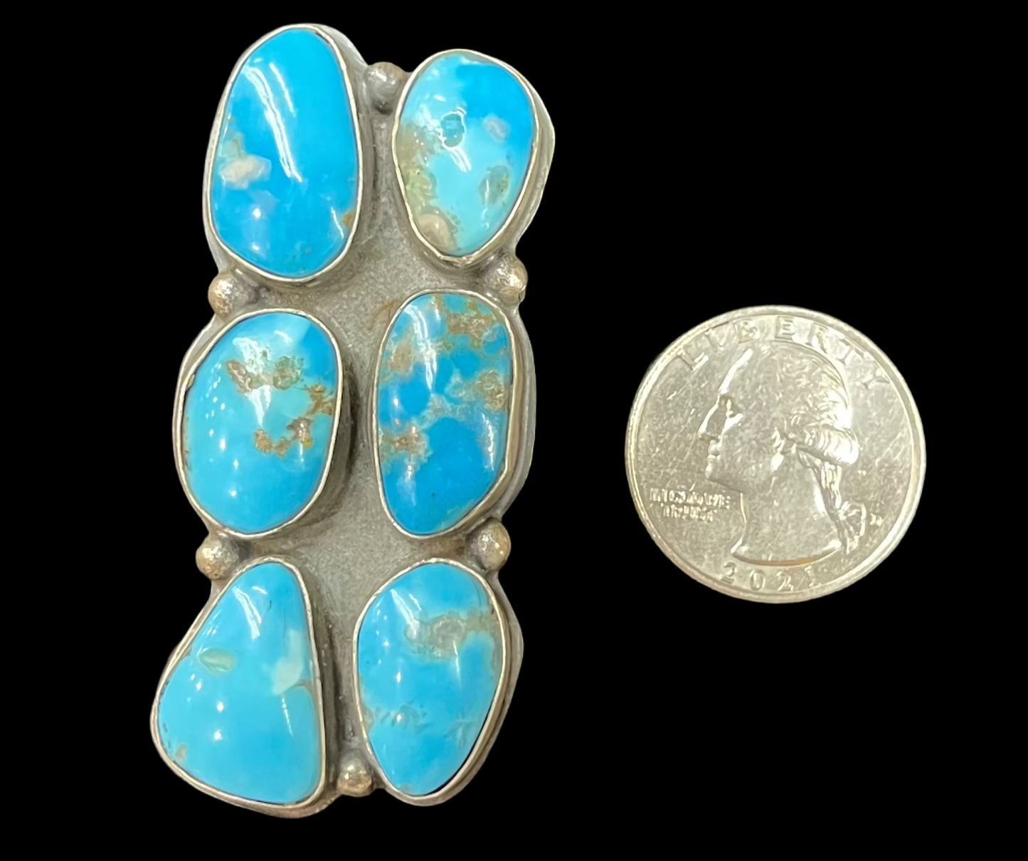 9.0 6 Stone Kingman Turquoise Ring by Gilbert Nez, Navajo