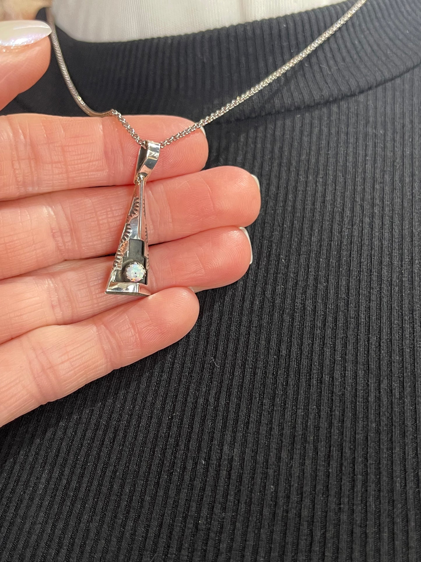 18" White Opal Shadowbox Teepee Pendant Necklace by Felix Perry, Navajo