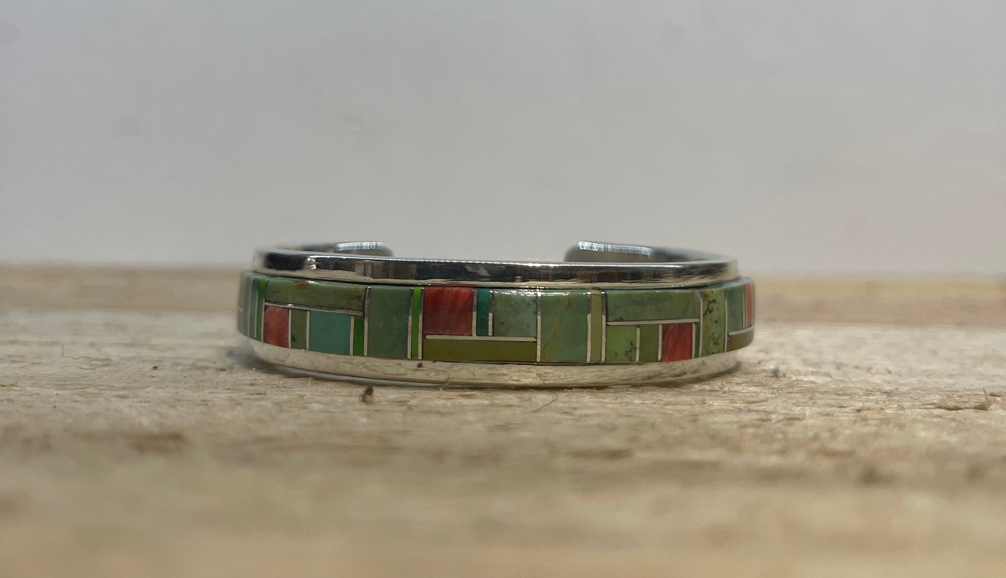 6 1/4" Green Turquoise and Red Spiny Oyster Shell Inlay Cuff by Marie Jackson, Navajo