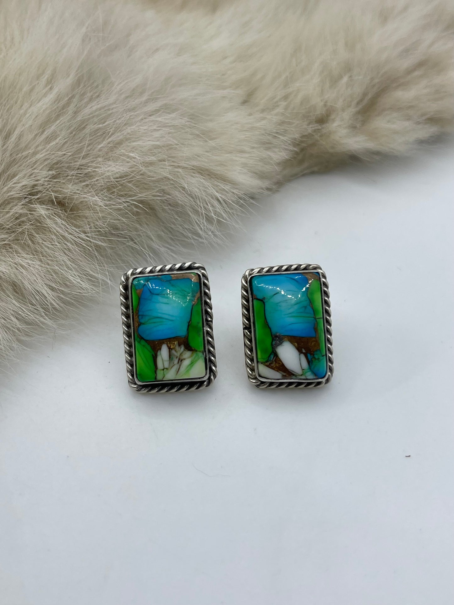 PEACOCK DAHLIA POST EARRINGS BY CHASSITY BELONE, NAVAJO