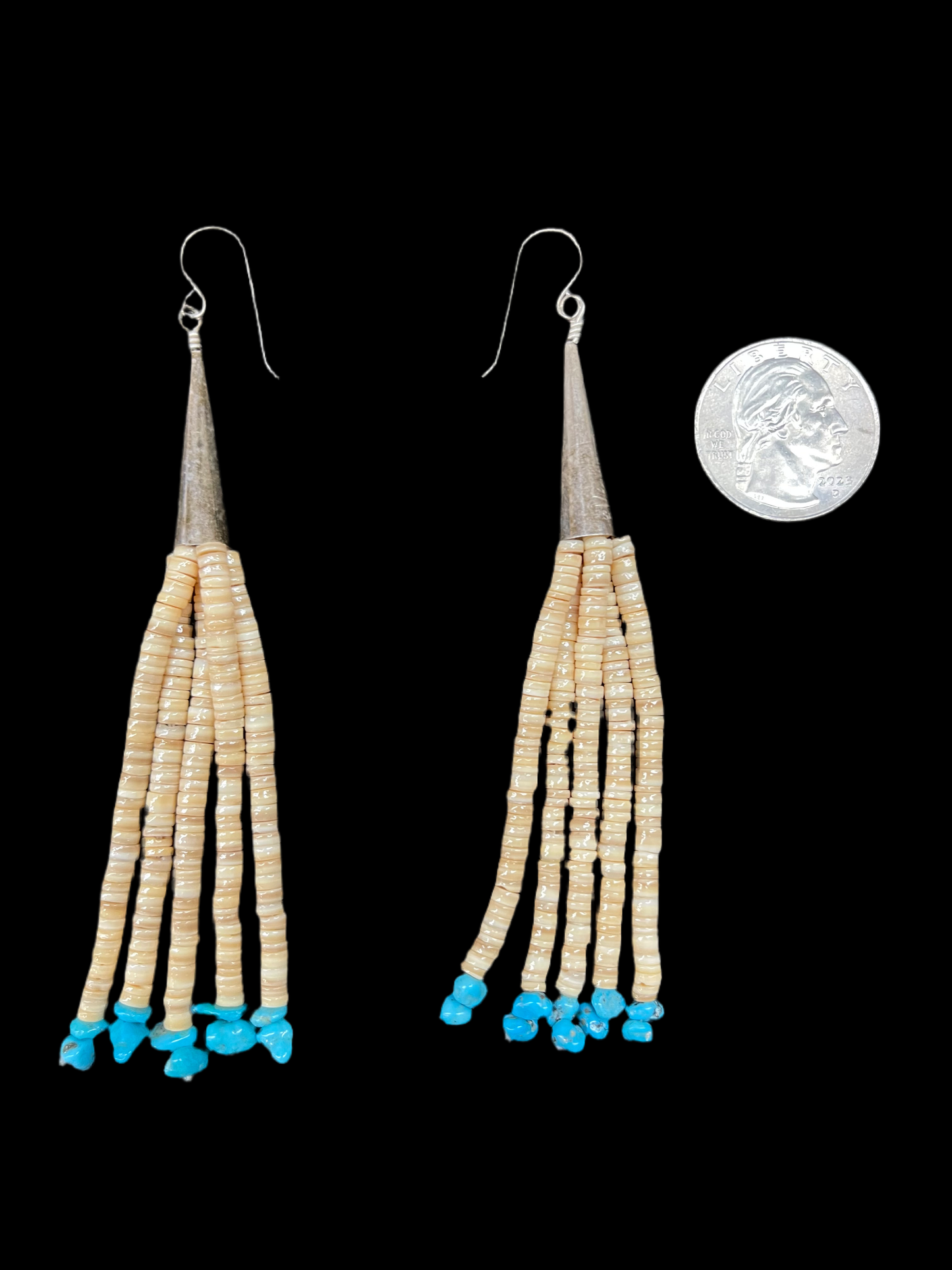 Melon Shell and Turquoise Bead Tassel Earrings