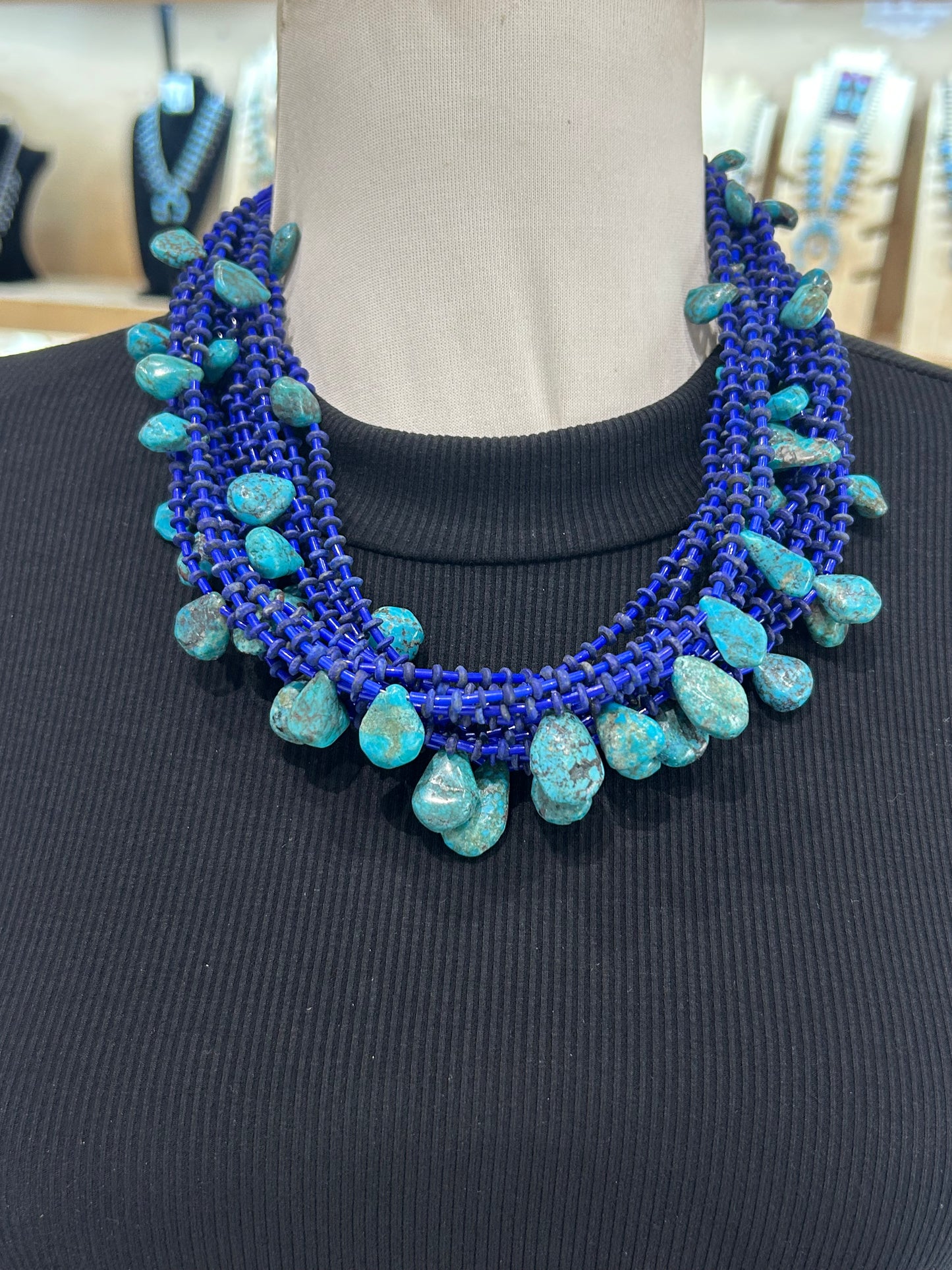 21" 15 Strand Lapis and Turquoise Necklace by Jolene Bird, Santo Domingo