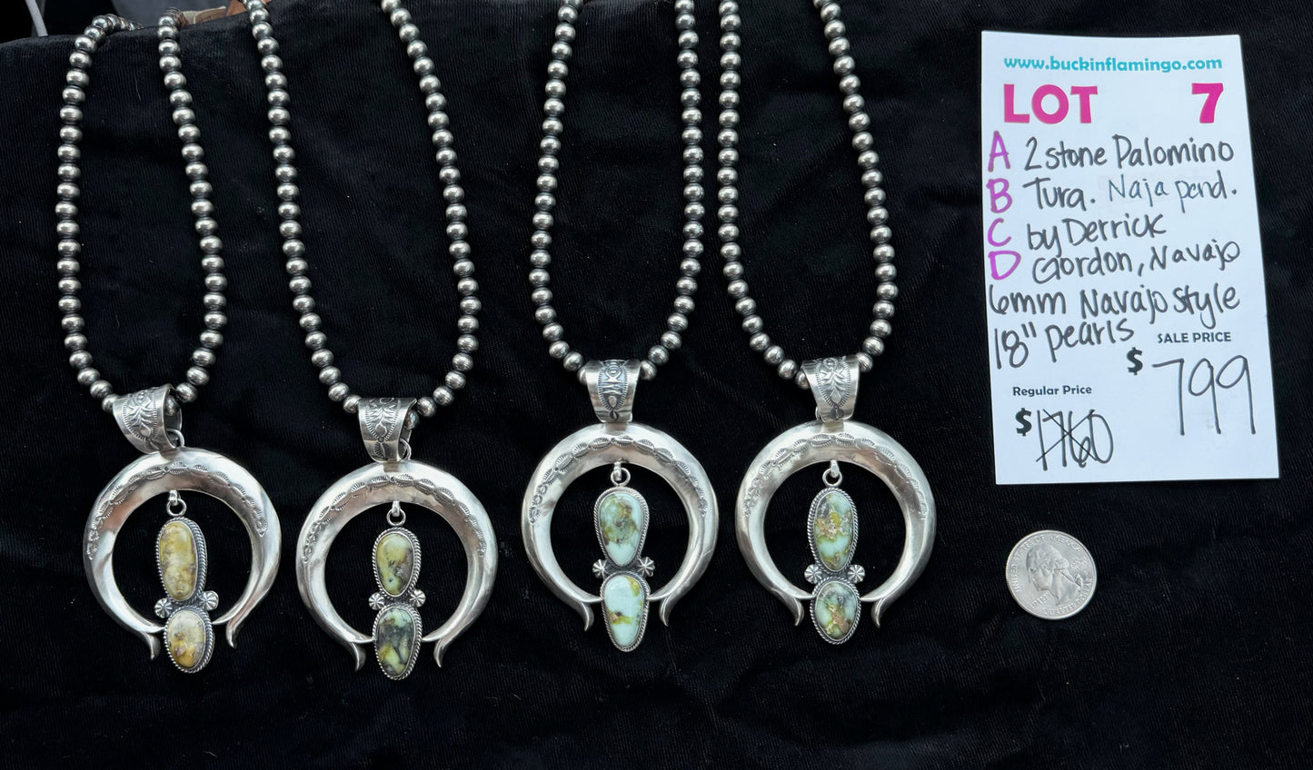 LOT 7 B 8/9 2 Stone Palomino Turquoise Naja Pendant by Derrick Gordon, Navajo on 6mm Navajo Style 18" Pearls
