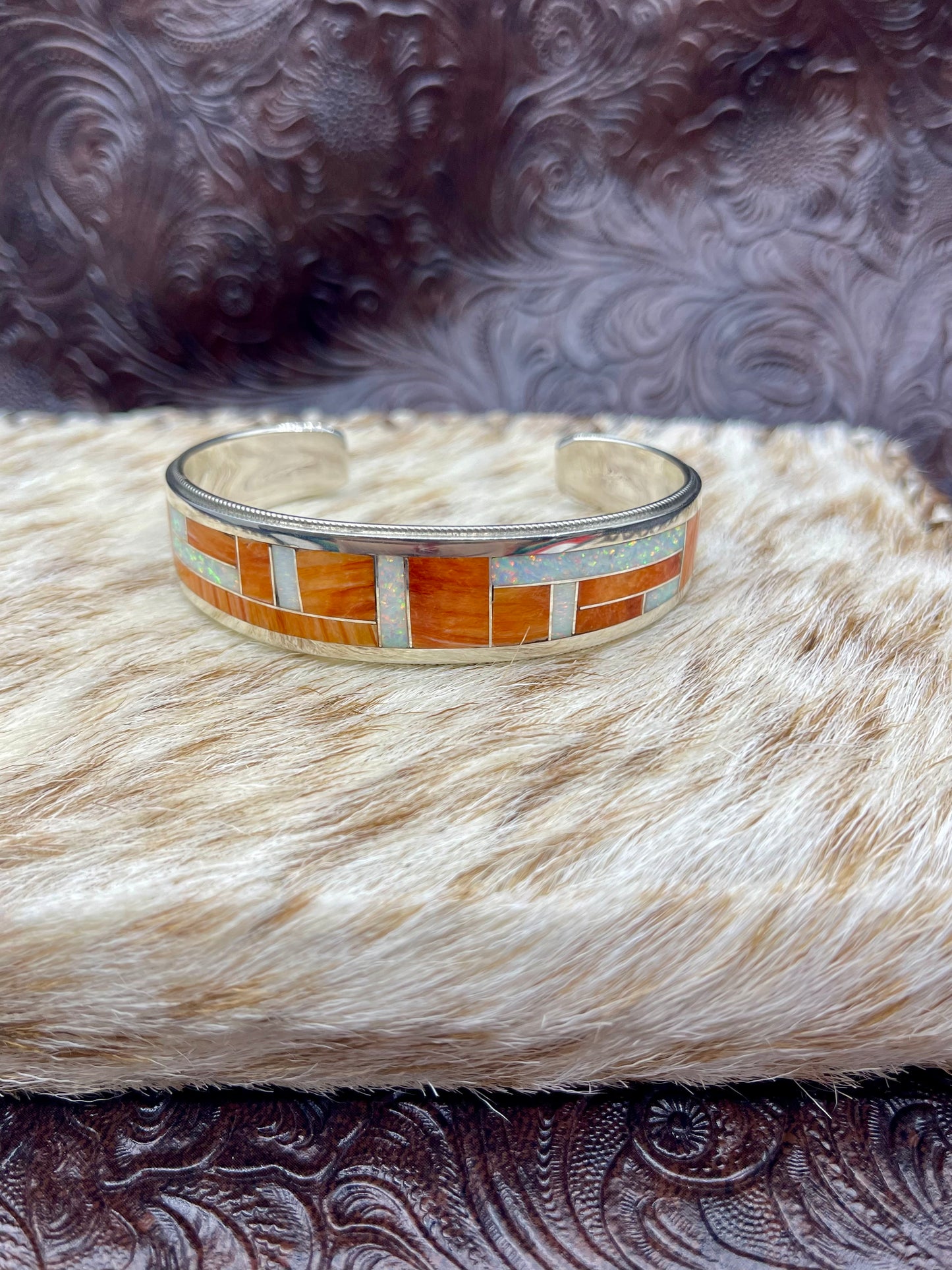 6.25" Orange Spiny Oyster & Opal Inlay Cuff