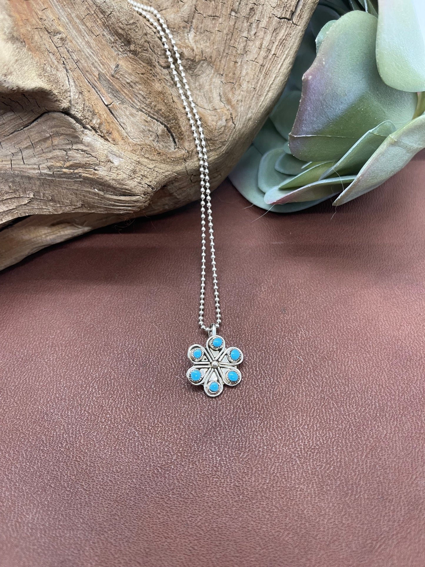 18" Turquoise Flower Pendant Necklace by Herbert Lastiyano, Zuni