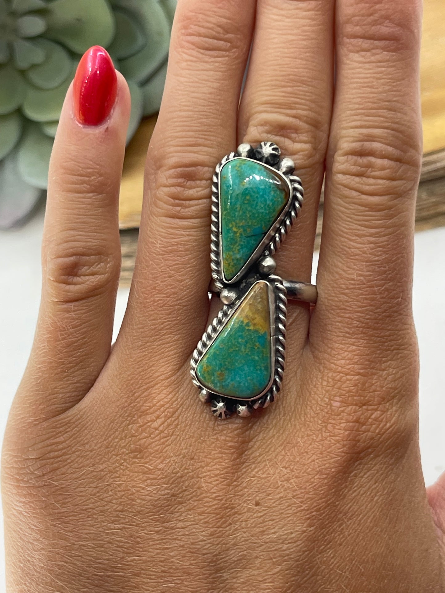 Adjustable Royston Turquoise 2 Stone Ring by Eugene Belone, Navajo