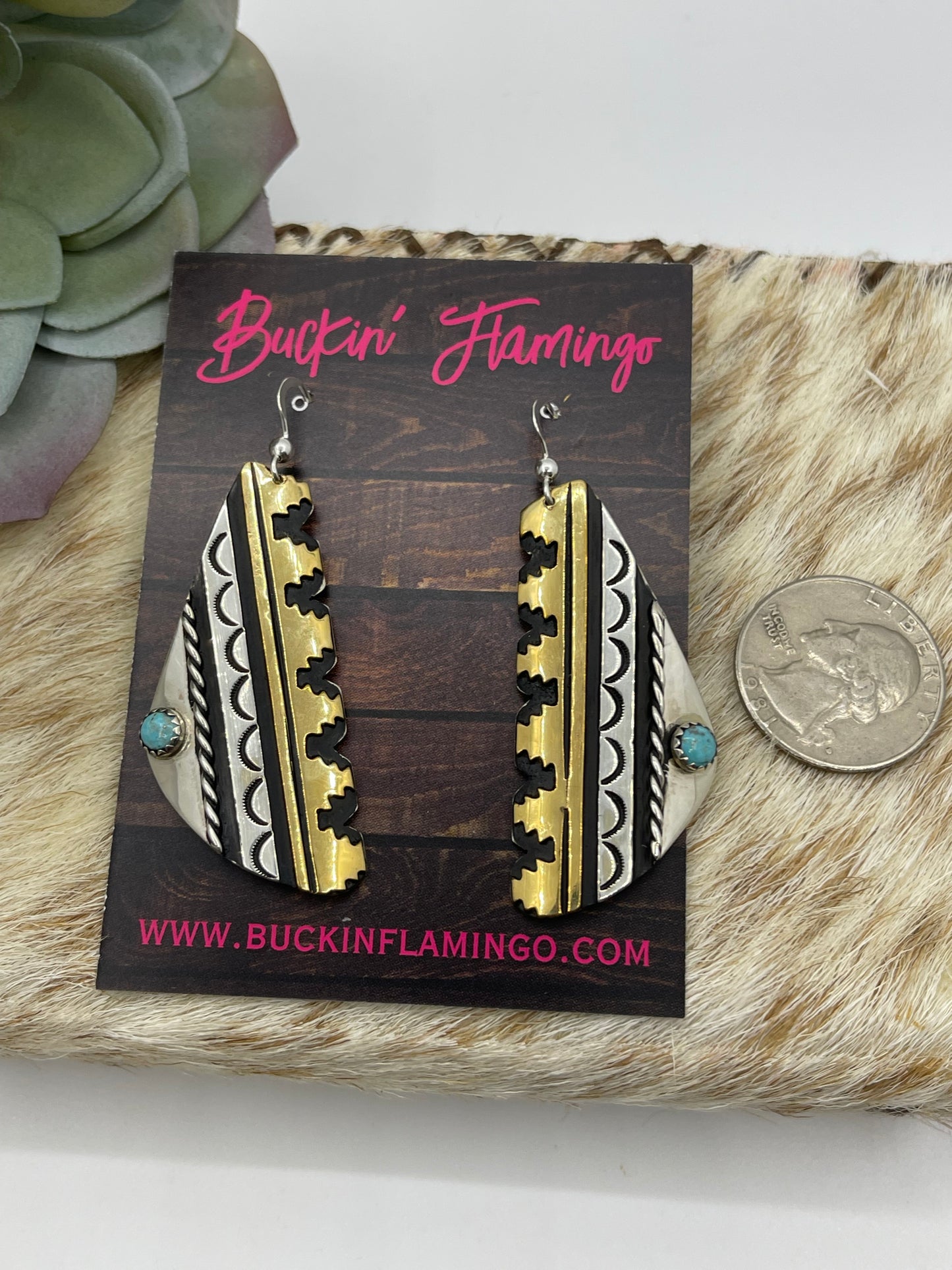 Brass and Silver Overlay with Turquoise Dangle Earrings by Tommy and Rose Singer, Navajo