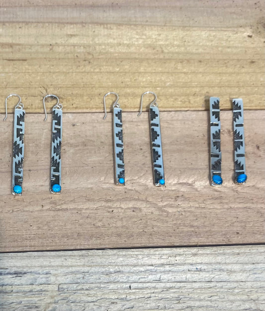 Hand Stamped Sterling Silver Bar Dangles with Sleeping Beauty Turquoise by Marie Jackson