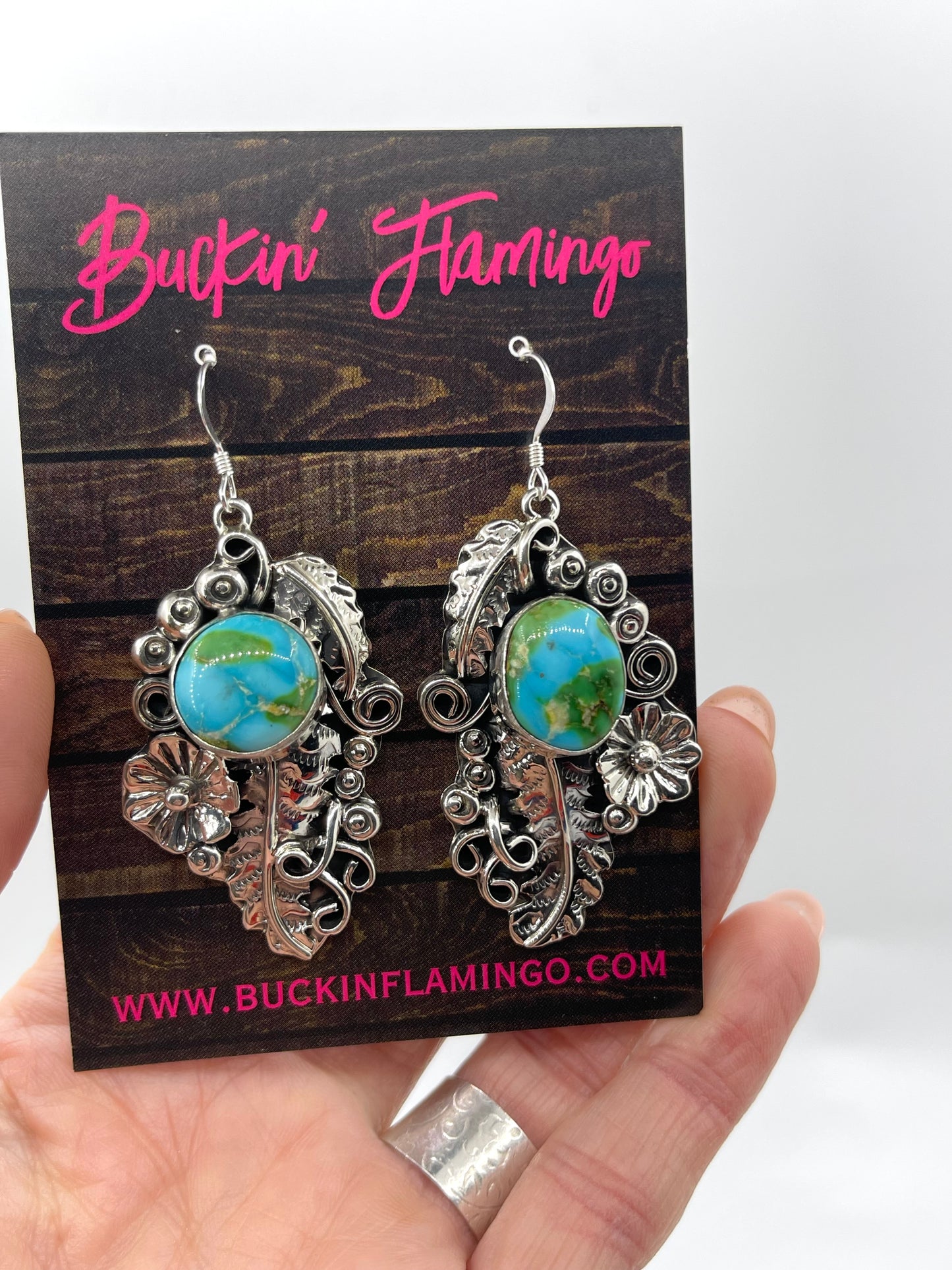24" Sonoran Gold Turquoise Squash Blossom and Dangle Earrings Set by Harry Yazzie, Navajo