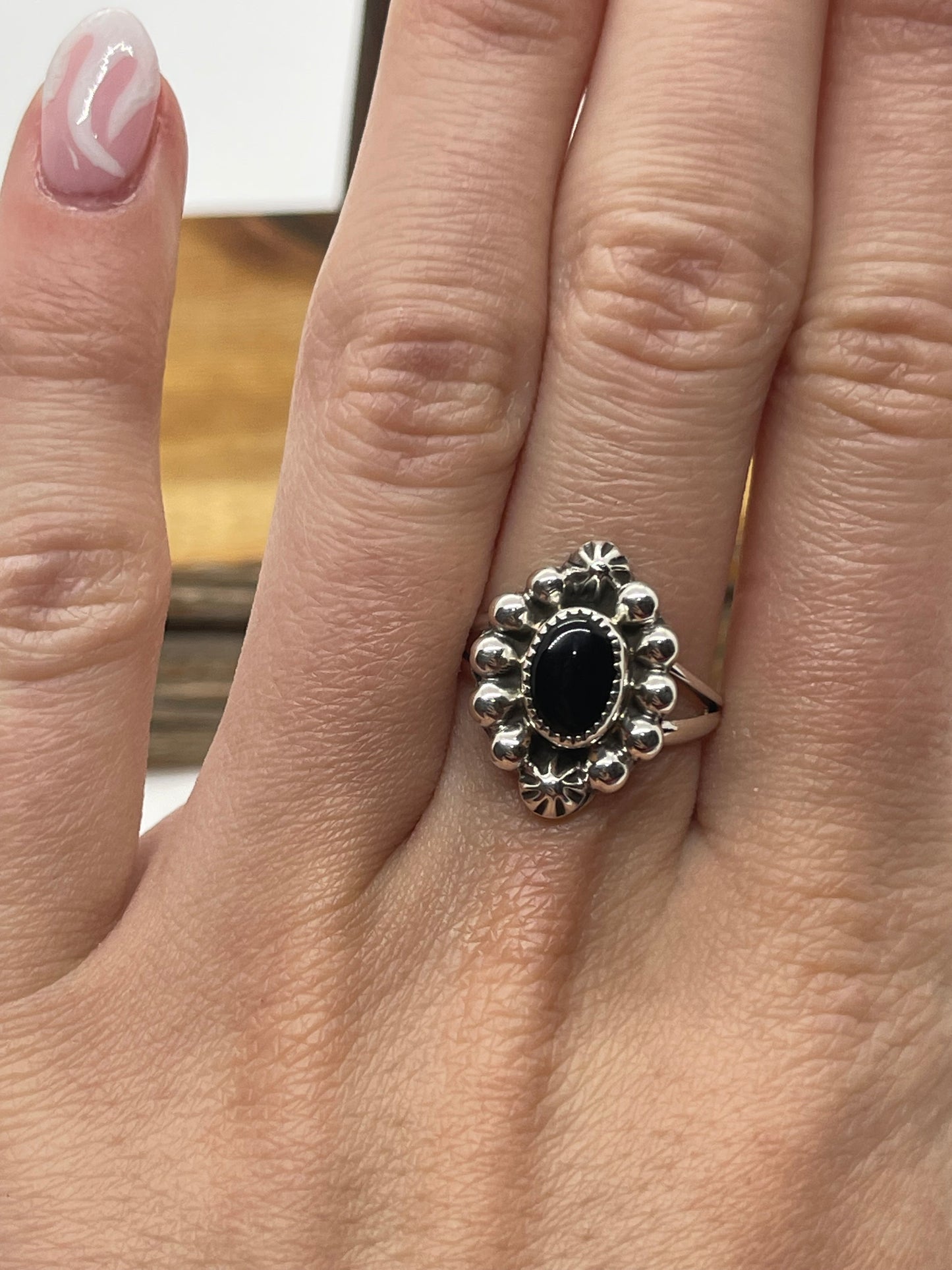 6.0 Black Onyx Stardrop Oval Ring by Mike Smith, Navajo