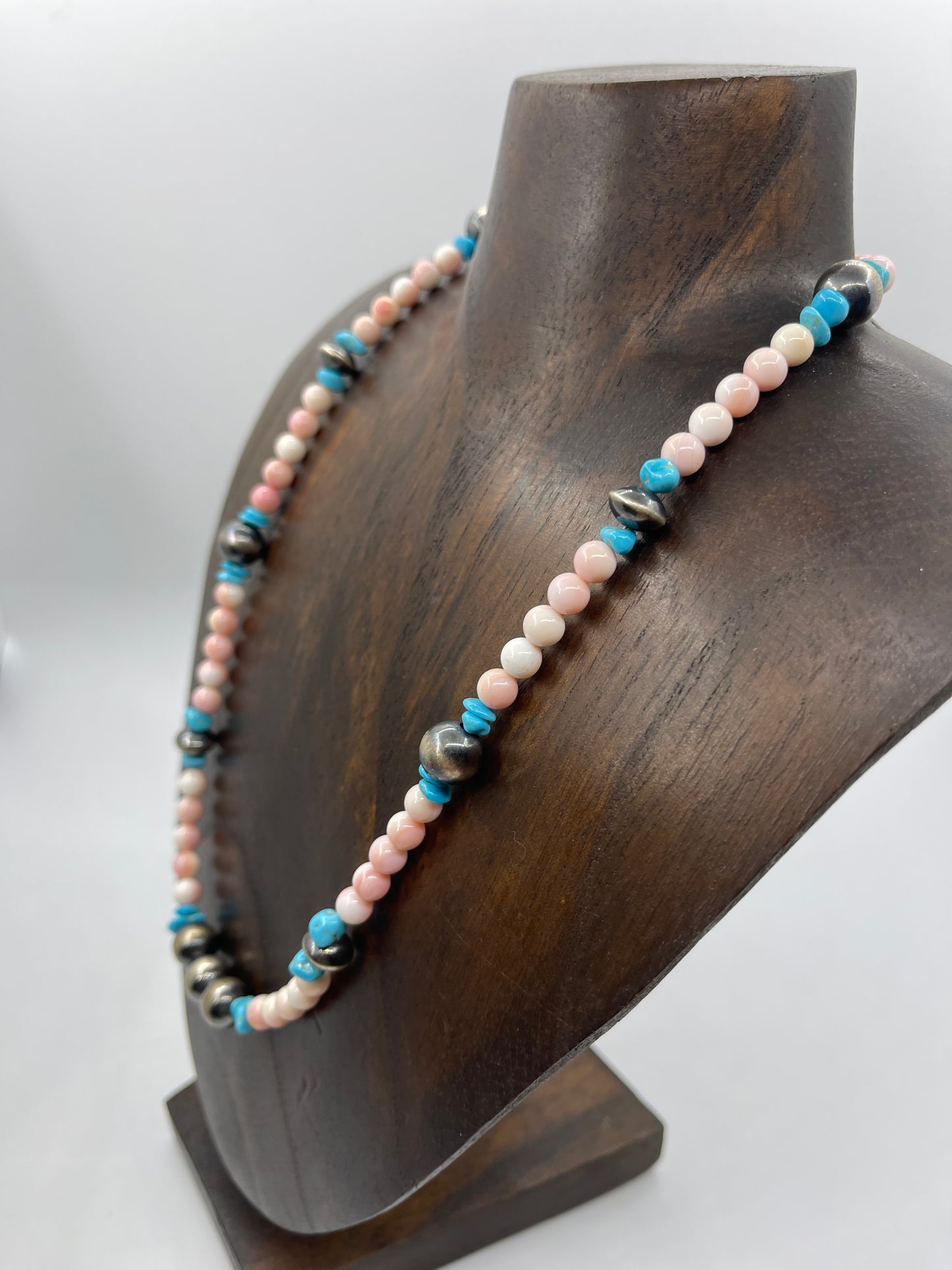 20" Pink Conch Shell and Turquoise Necklace with 10mm Navajo Pearls