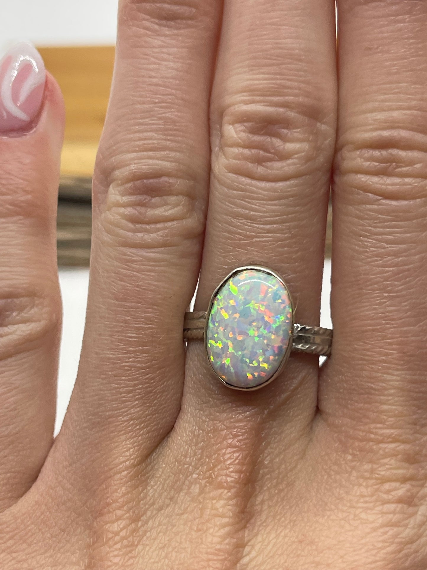 5.0 White Opal Oval Ring by Isabelle Yazzie, Navajo