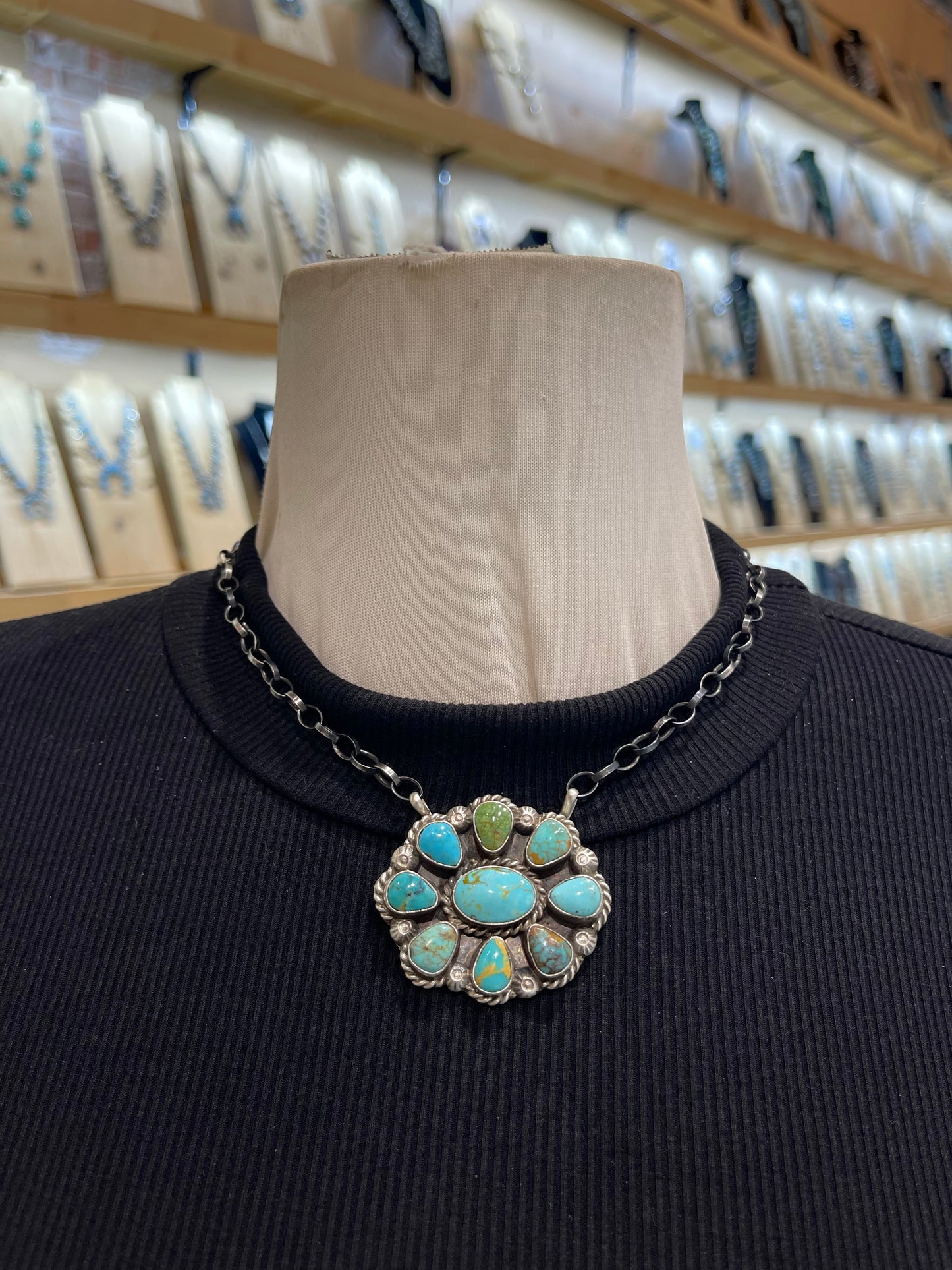 16" Kingman Turquoise Cluster Necklace by Augustine Largo, Navajo
