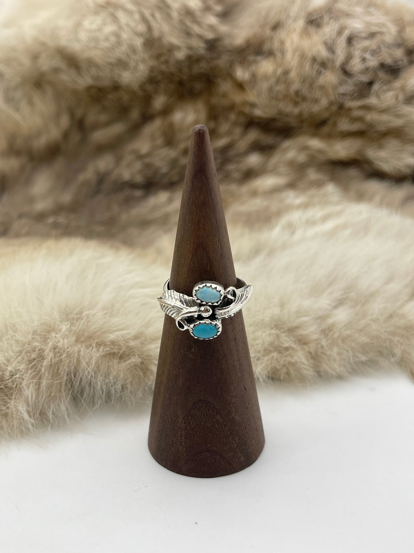 8.0 2 Stone Turquoise Ring with Feathers by Charles B. Yazzie, Navajo