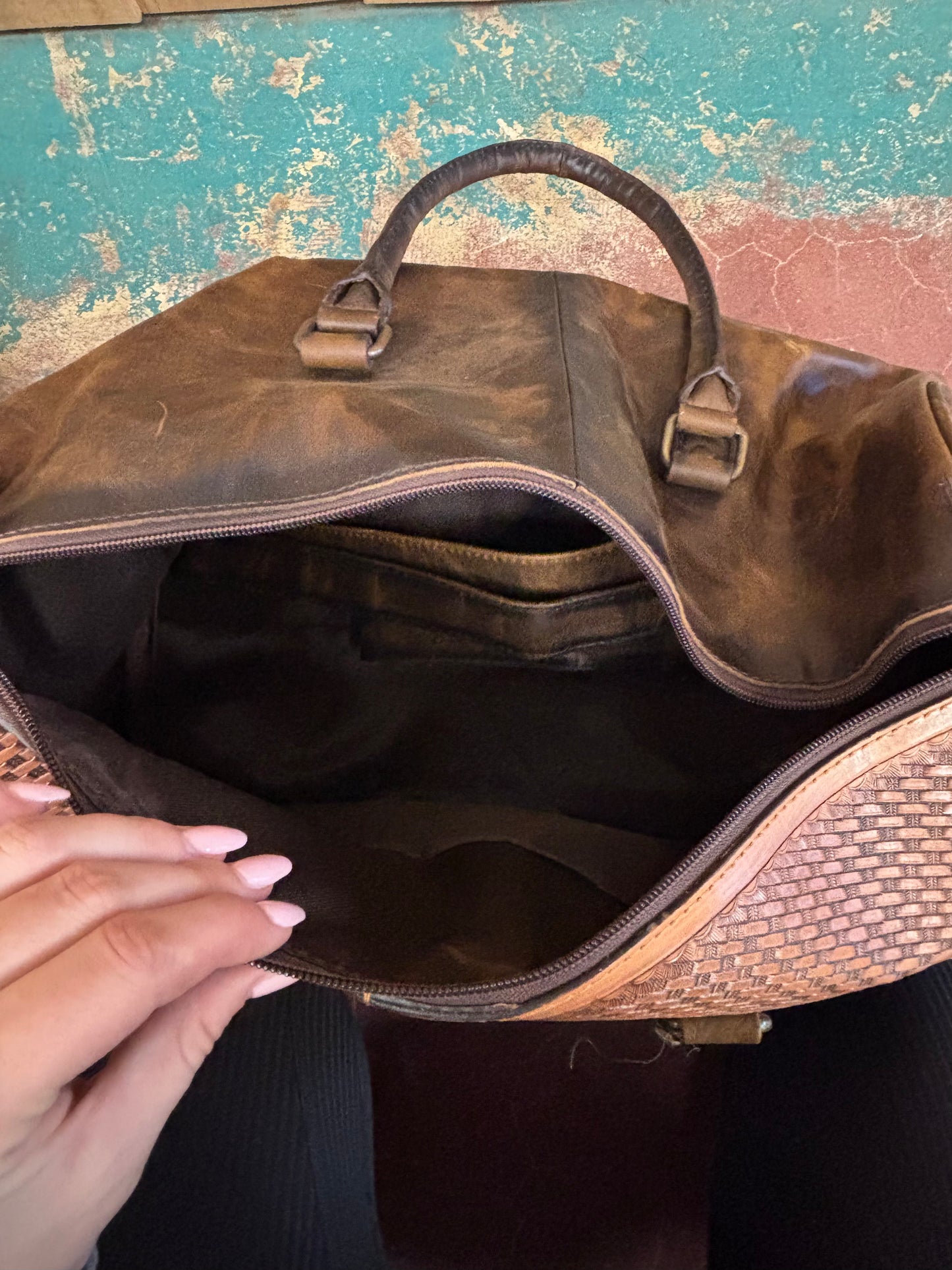 Distressed Brown Leather Basketweave Tooled Duffle Bag