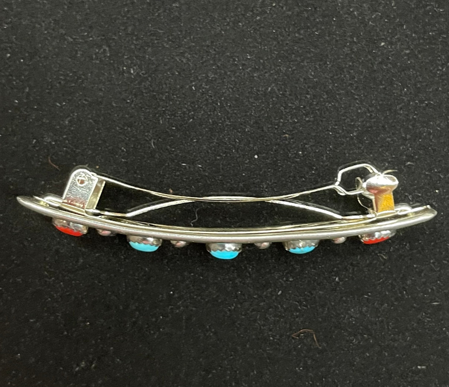 Sterling Silver Hair Barrette with Turquoise and Red Coral Stones with Stamped "L" by Artist