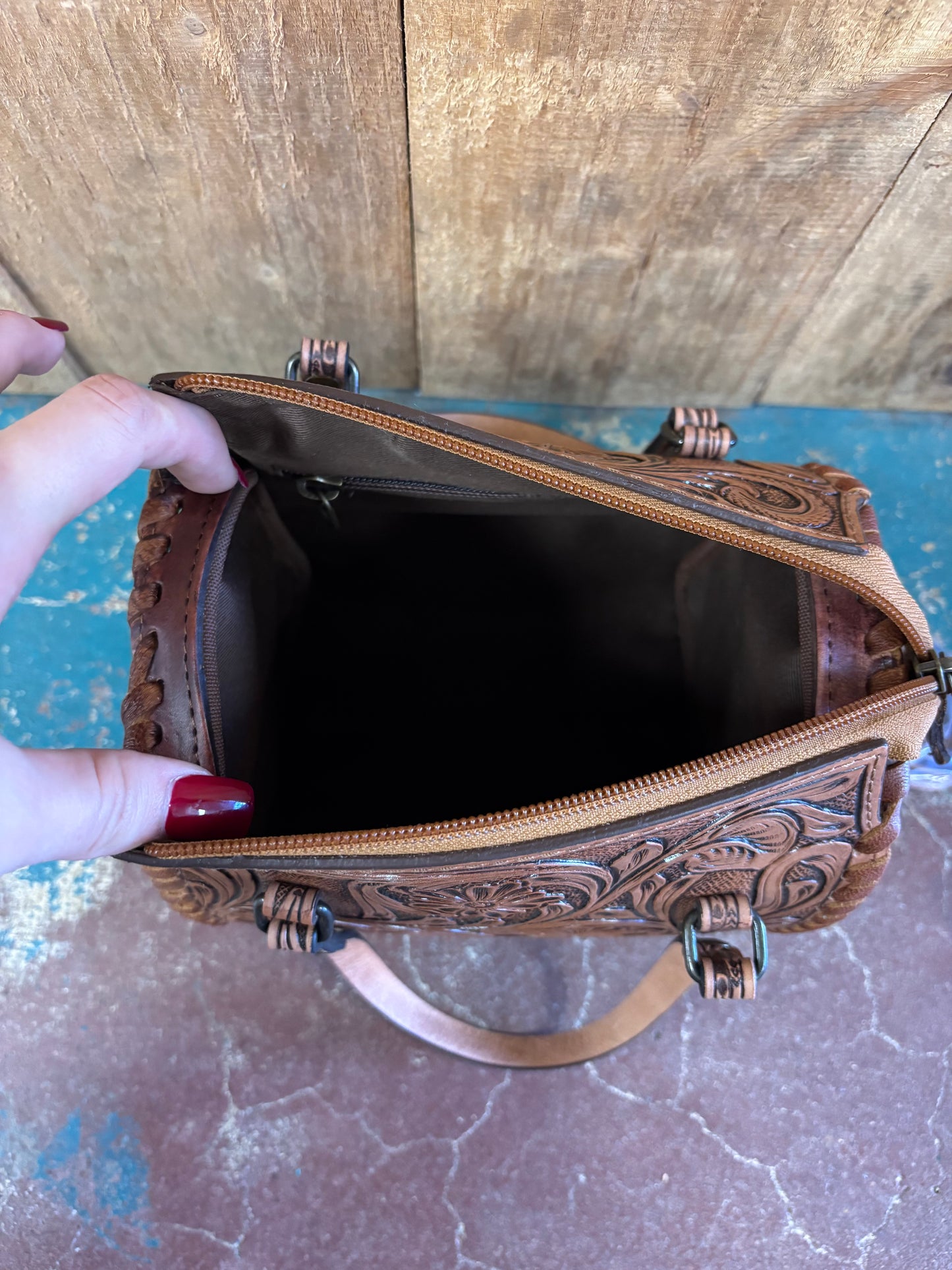 Mini Brown And Black Flower Tooled Crossbody Leather Speedy Bag Purse