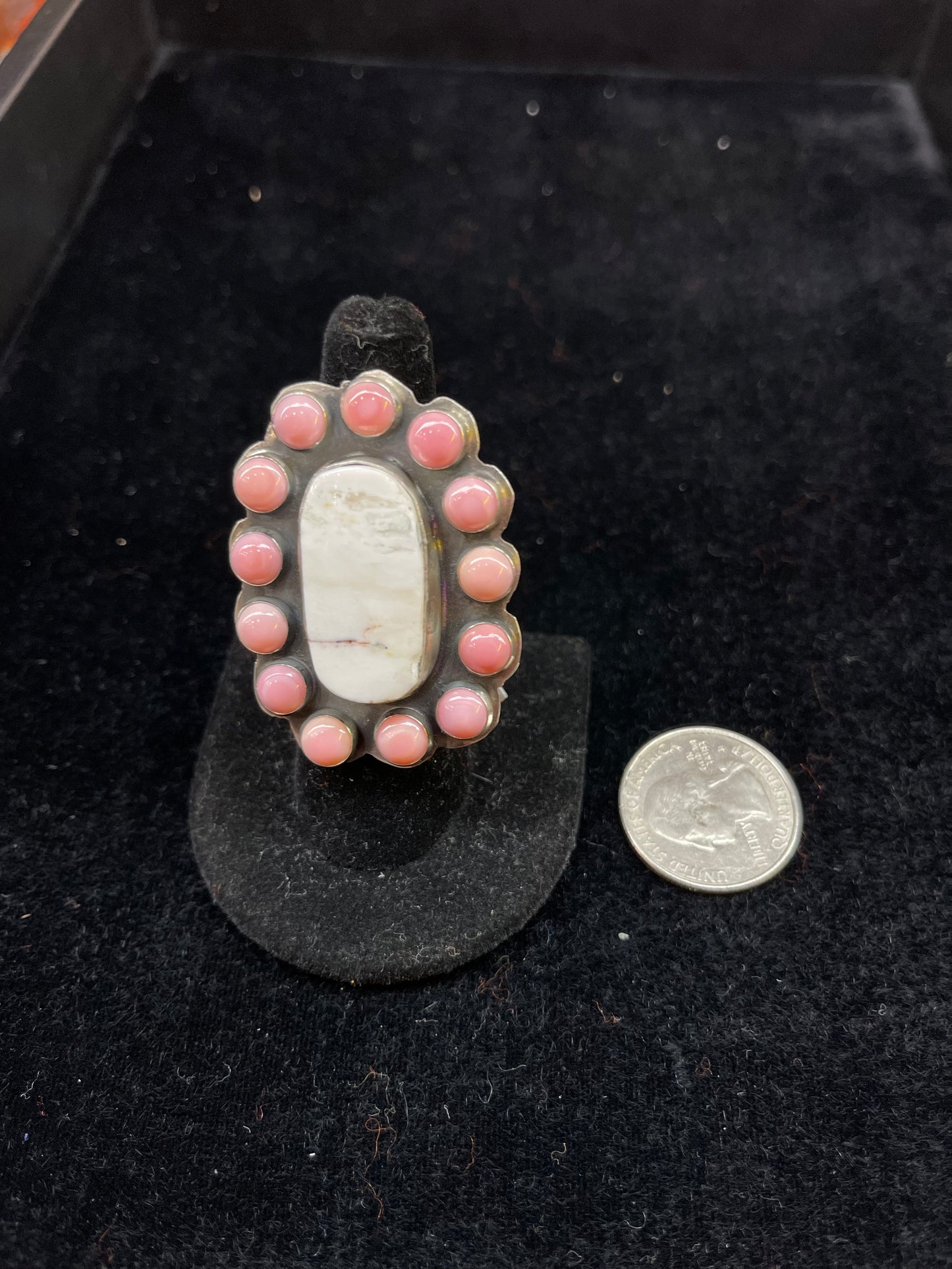 White Buffalo With Pink Conch Shell Cluster Ring