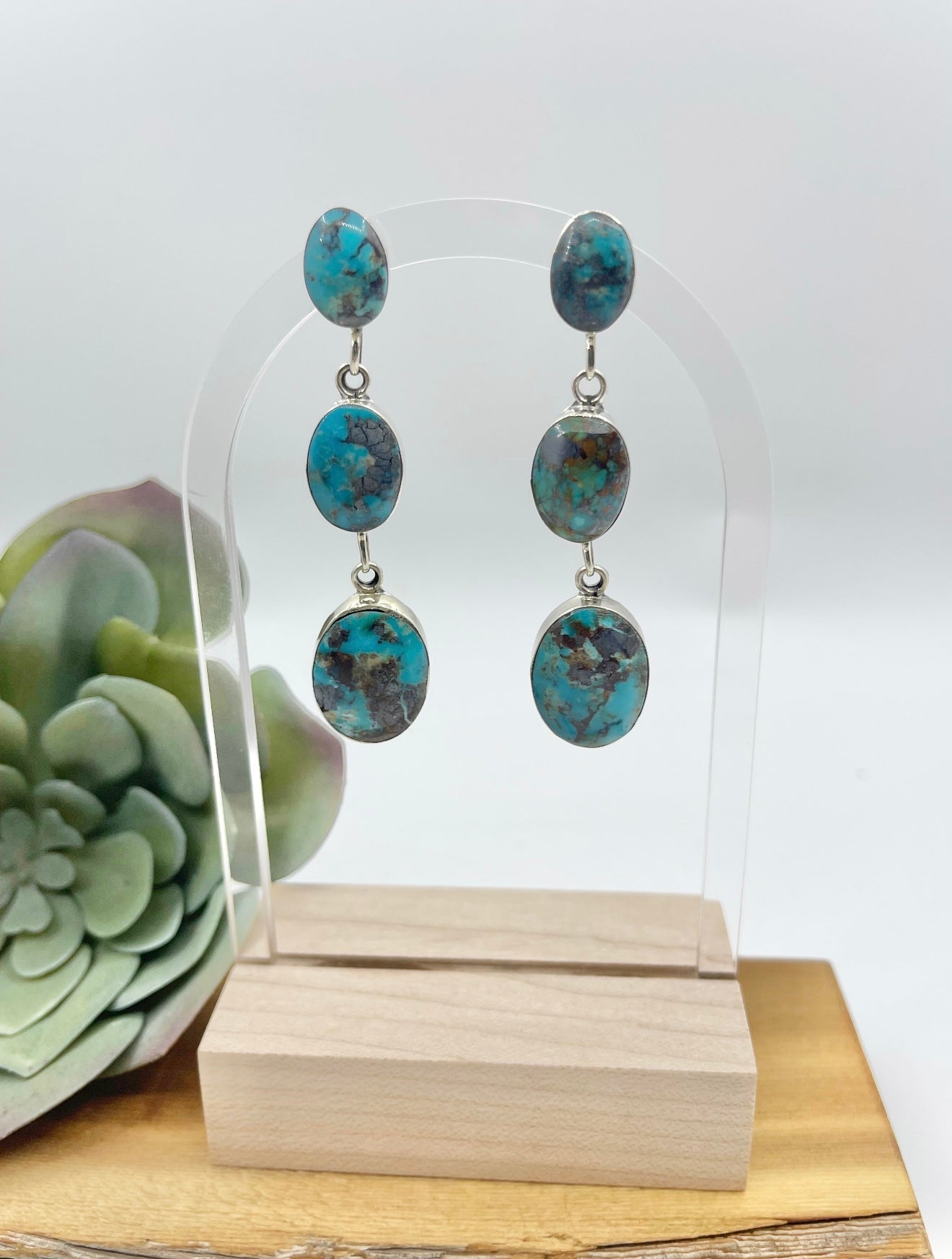 3 Stone Turquoise Post Dangle Drop Earrings by Irvin Tsosie, Navajo