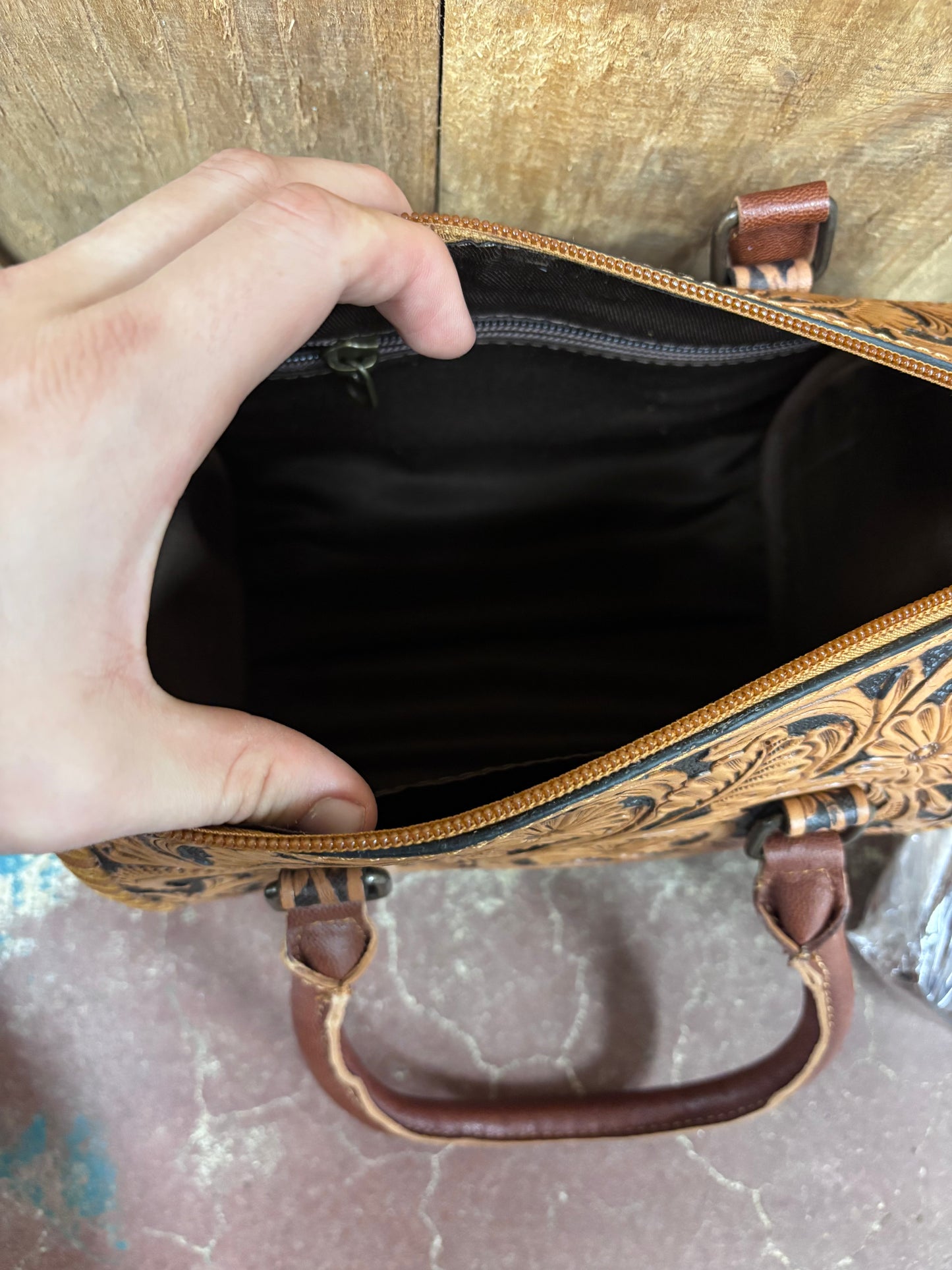 Small Tan and Black Flower Tooled Leather Crossbody Speedy Bag Purse