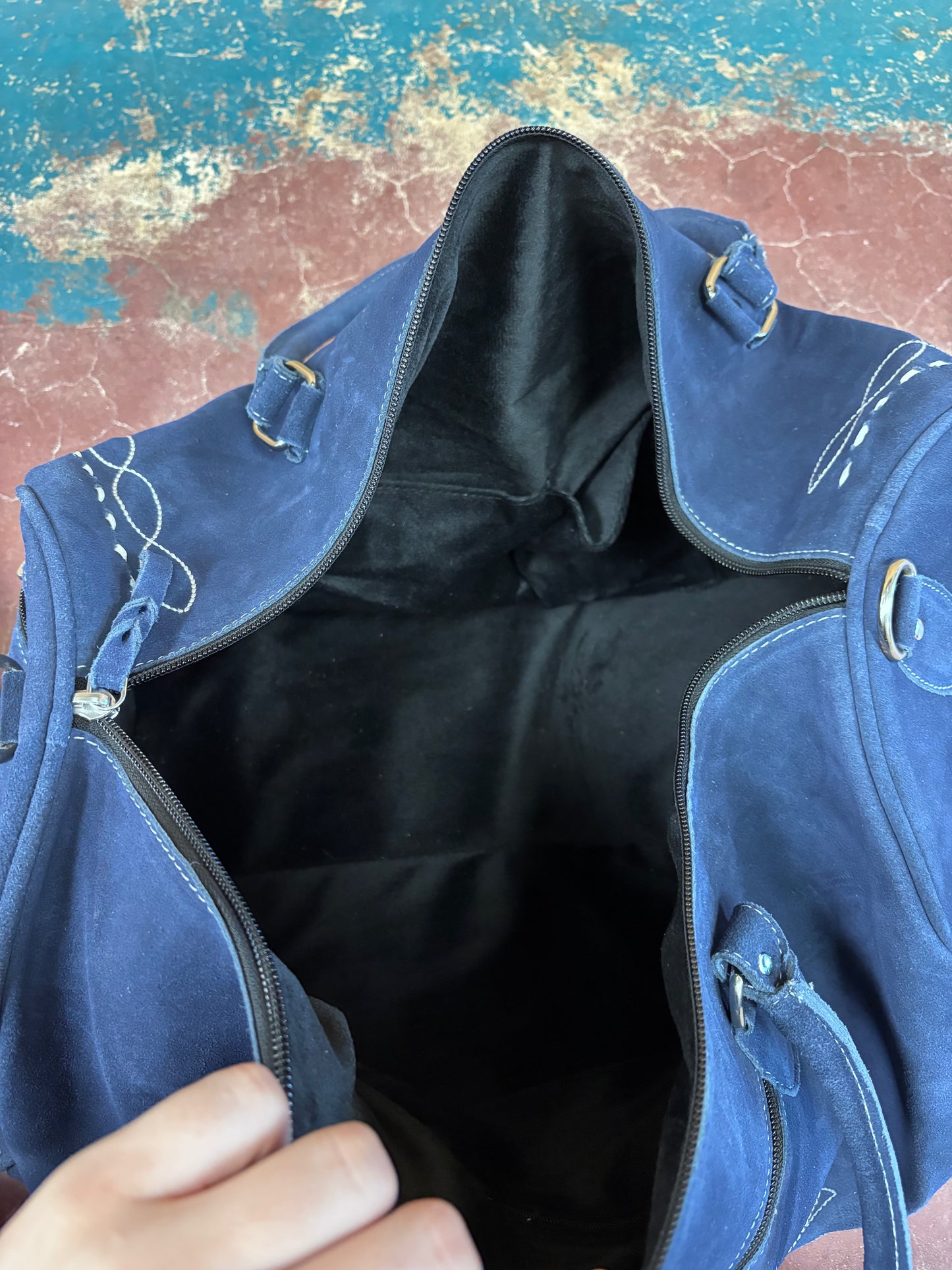 Blue Suede Leather Boot Stitched Duffle Bag