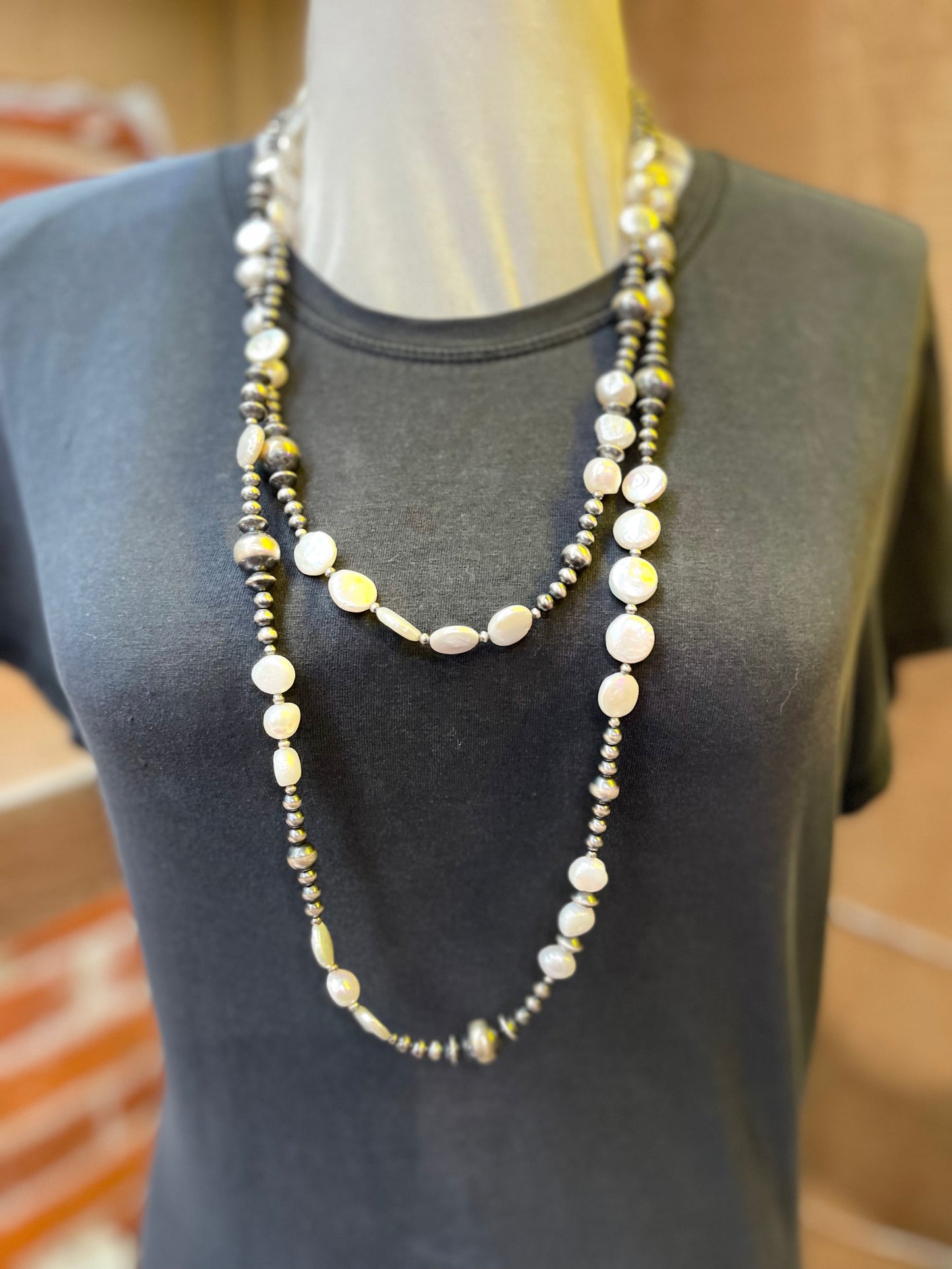 Freshwater Pearls and Navajo Style Pearls Wrap Necklace