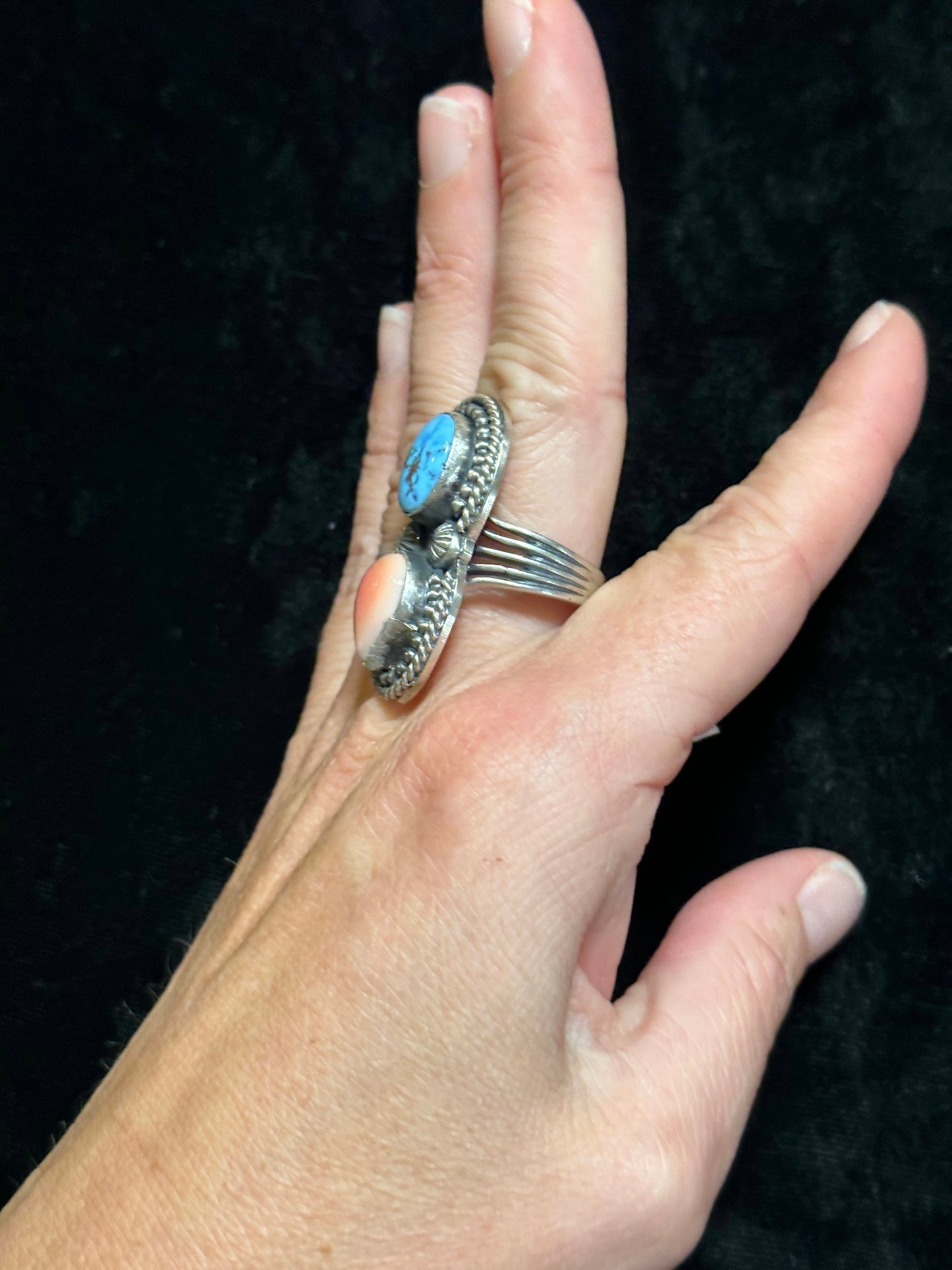 Pink Conch Shell and Golden Hills Turquoise Ring by Boyd Ashley, Navajo