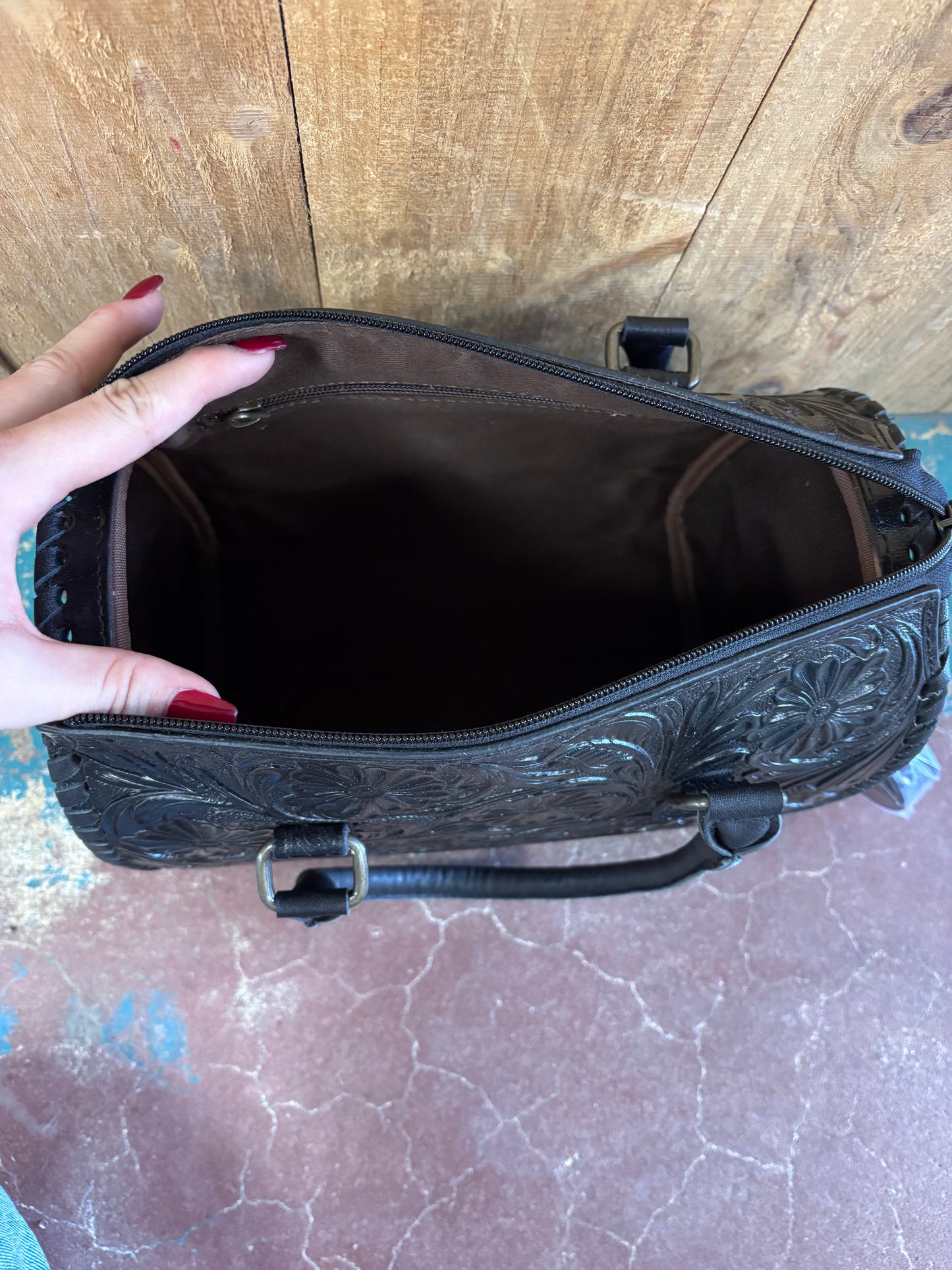 Medium Black Flower Tooled Leather Purse