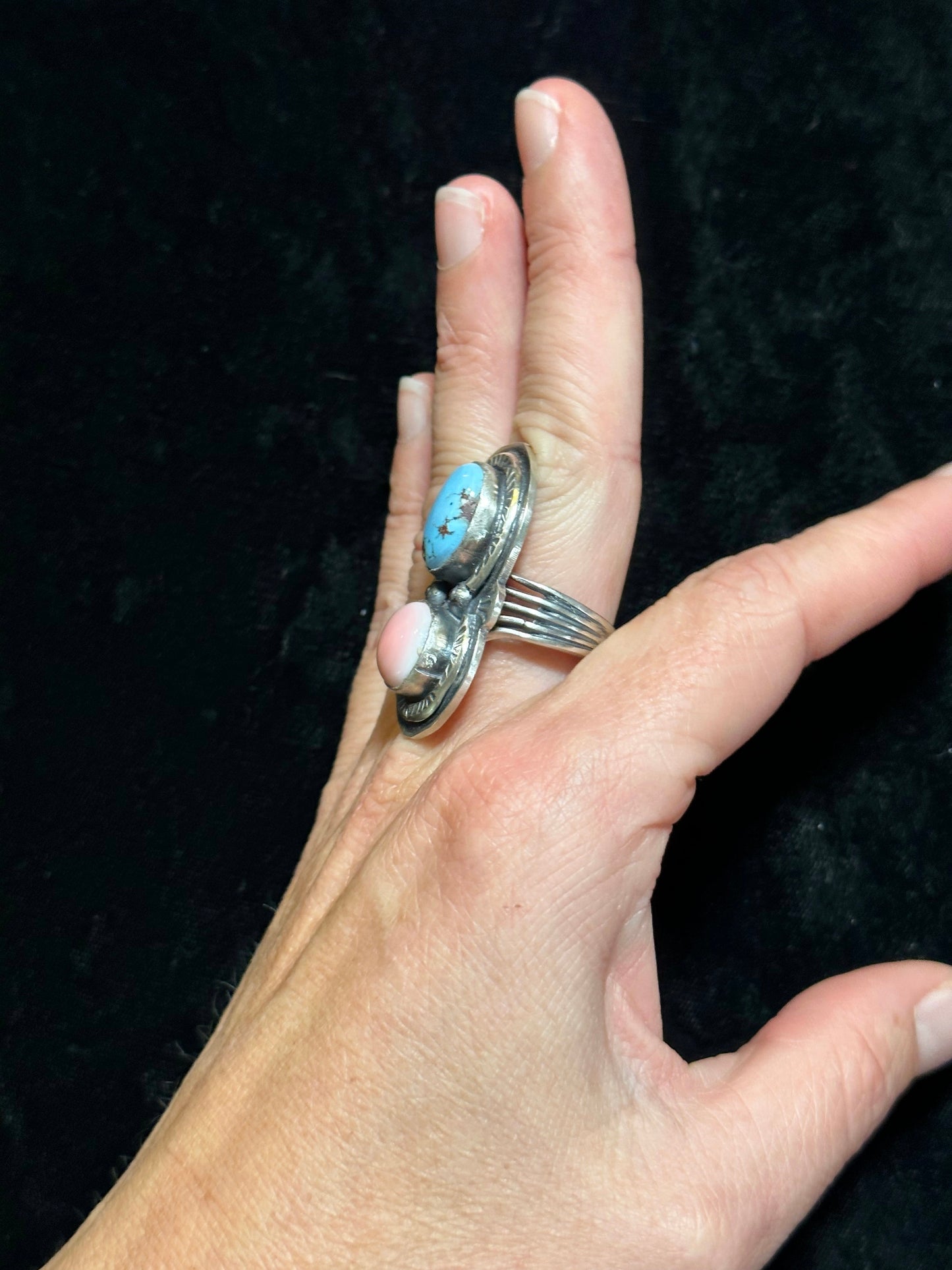 Pink Conch Shell and Golden Hills Turquoise Ring by Boyd Ashley, Navajo