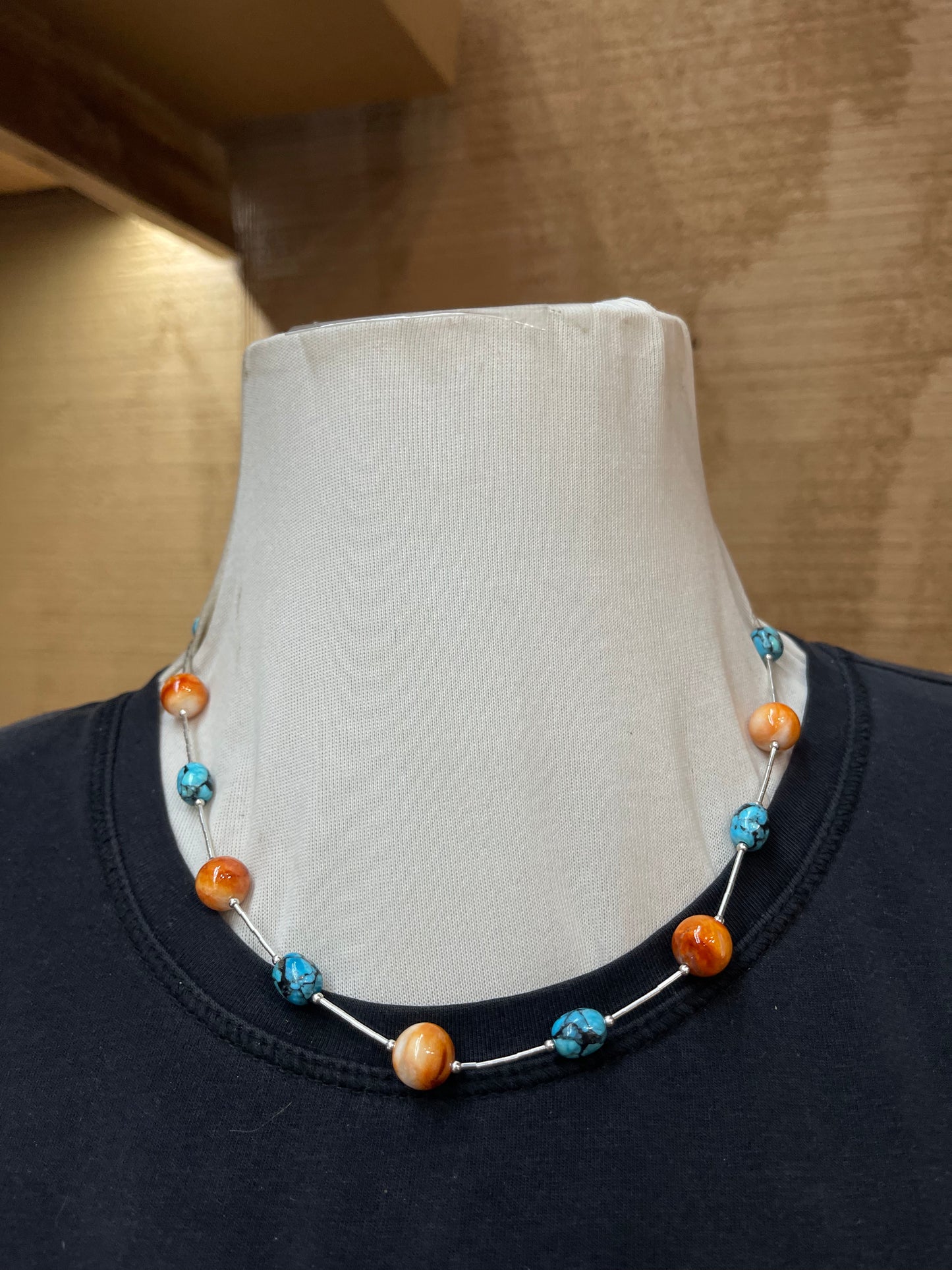 18" Liquid Silver Necklace with Spiny Oyster and Turquoise