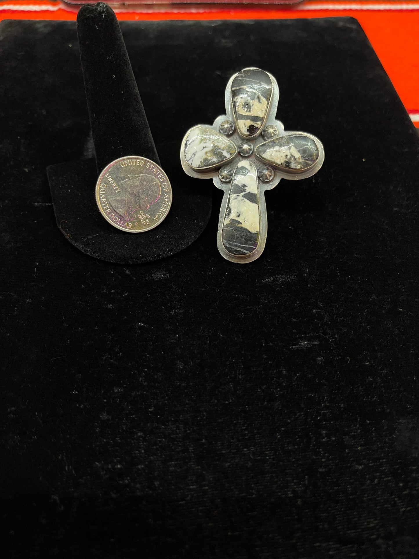 Adjustable White Buffalo Cross Ring by Steven Nez, Navajo