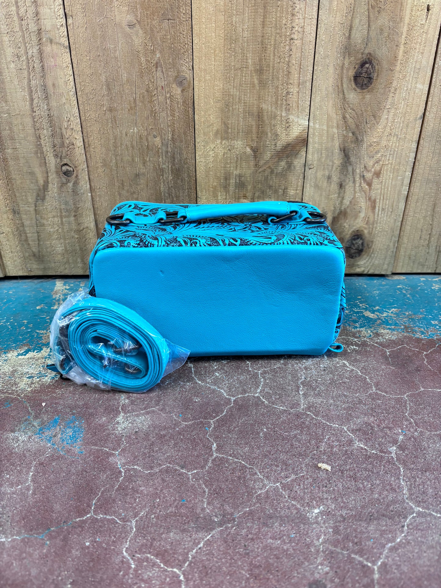 Rectangular Turquoise Leather Tooled Make Up Bag/Travel Case