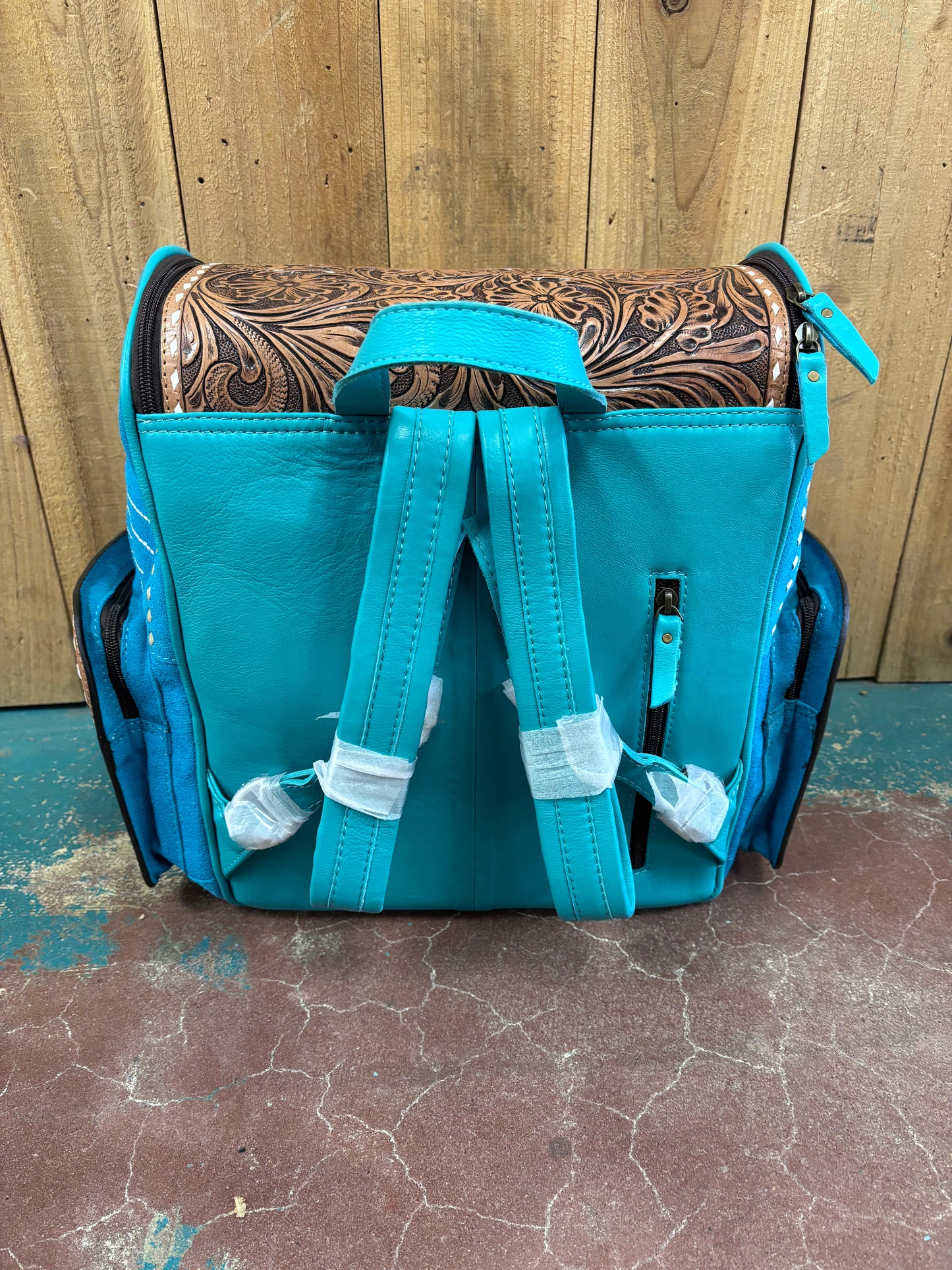 Turquoise Suede Leather Boot Stitch Tooled Backpack