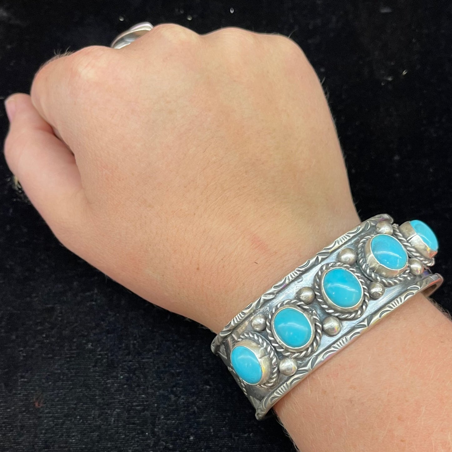 6 3/4" 5 Stone Sleeping Beauty Turquoise Cuff Bracelet by Boyd Ashley, Navajo