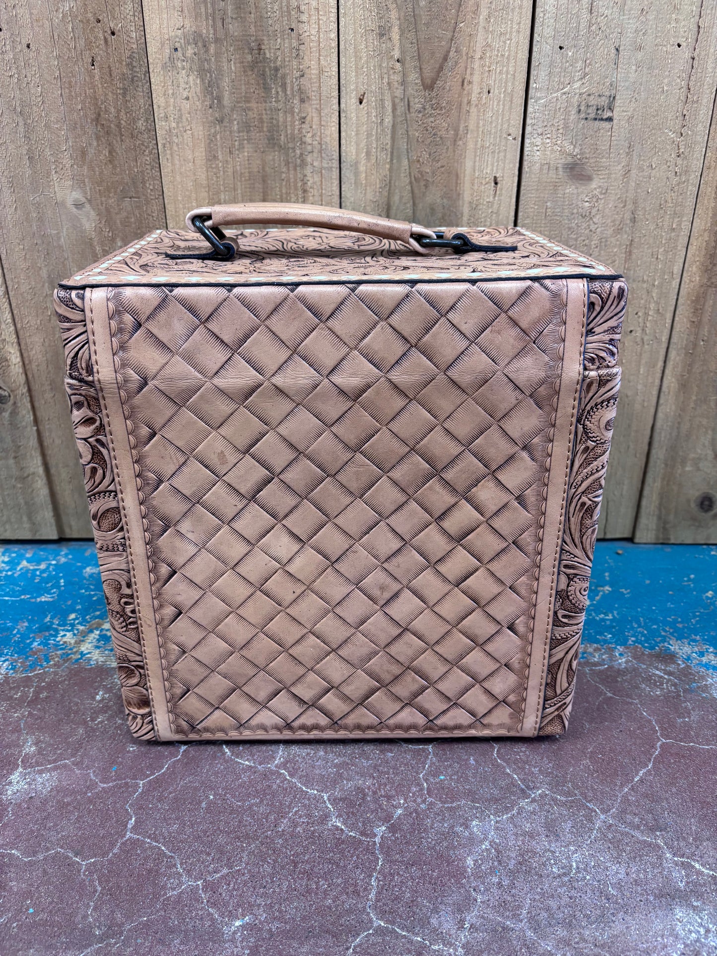 Tan Leather Tooled Train Case Jewelry Box