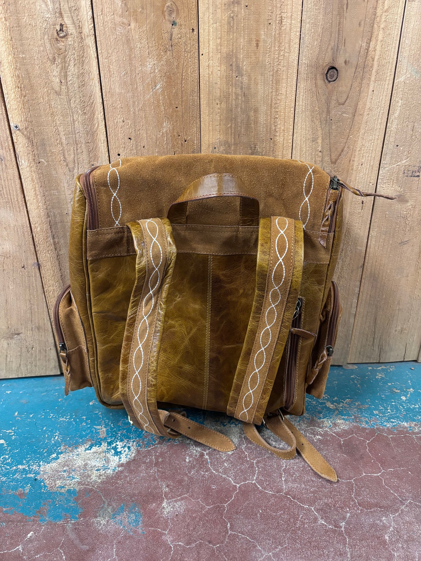 Tan Suede Leather Boot Stitched Backpack
