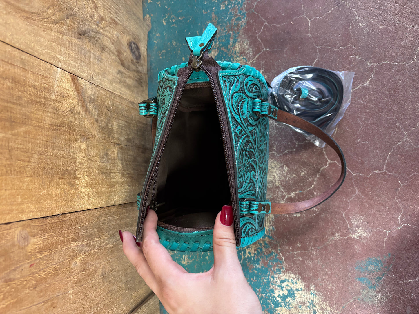 Mini Turquoise And Black Flower Tooled Leather Crossbody Purse