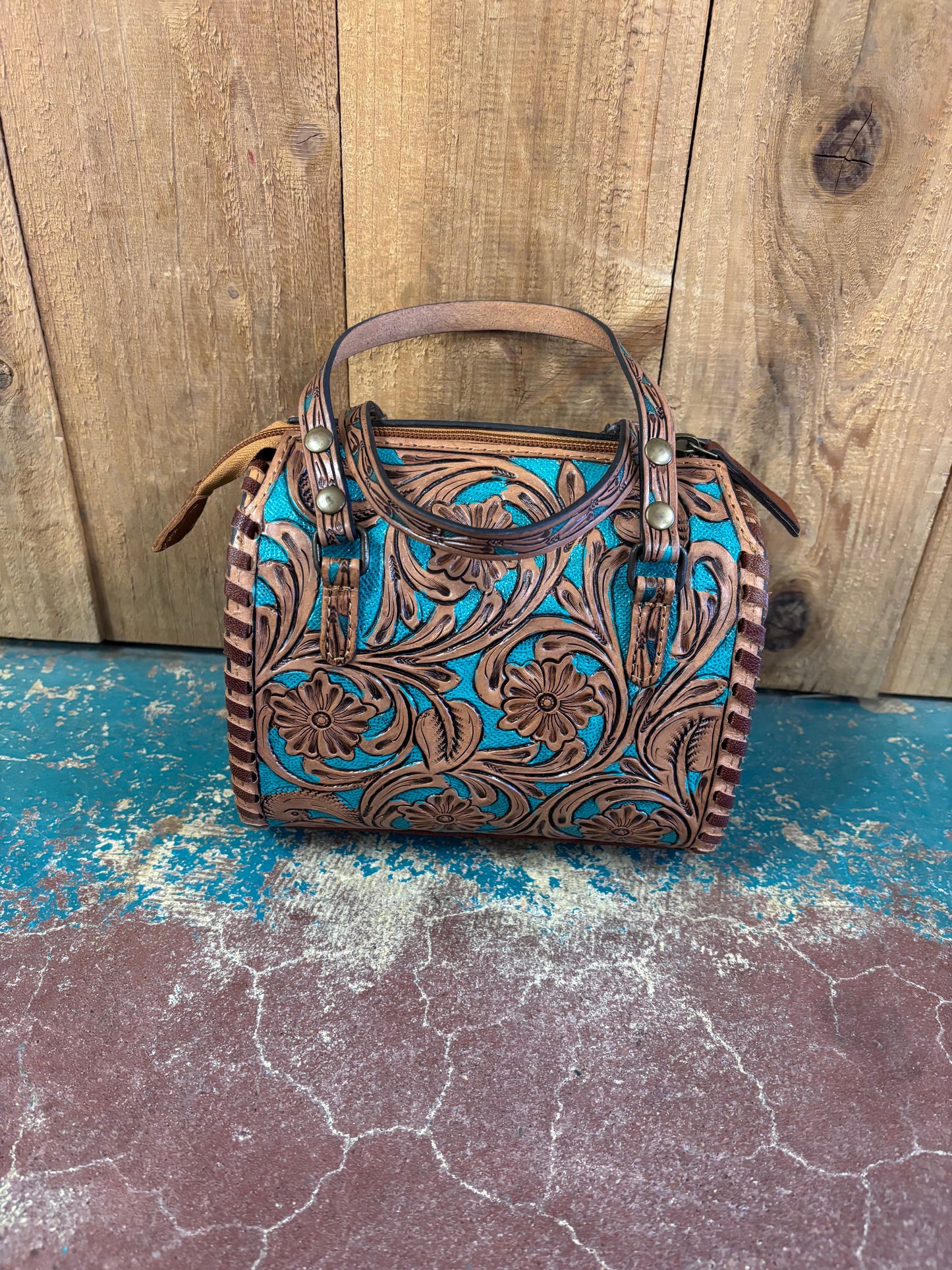 Mini Tan And Turquoise Flower Tooled Turquoise Stone Crossbody Leather Speedy Bag Purse