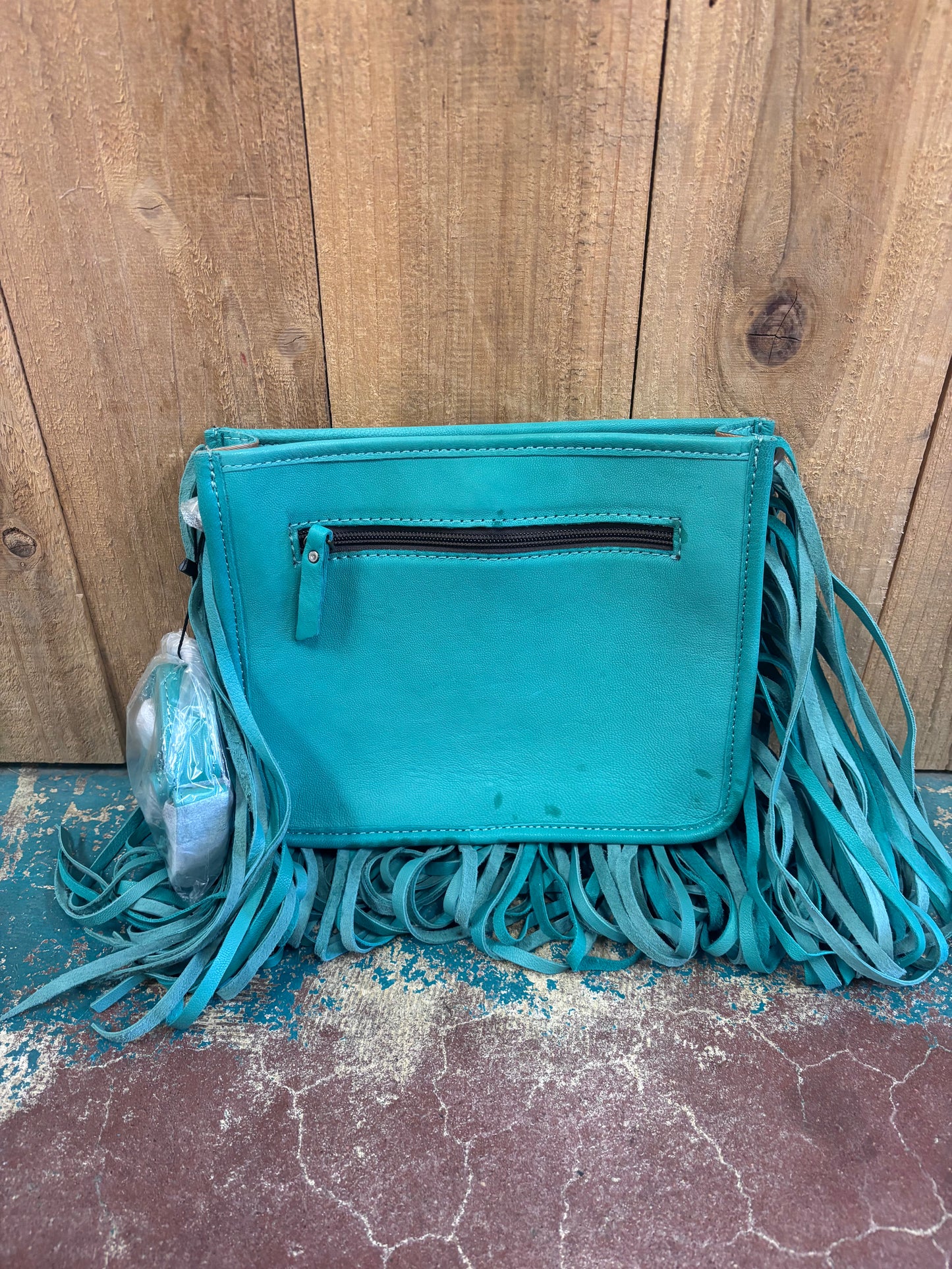 Tan Tooled Turquoise Fringe Leather Purse
