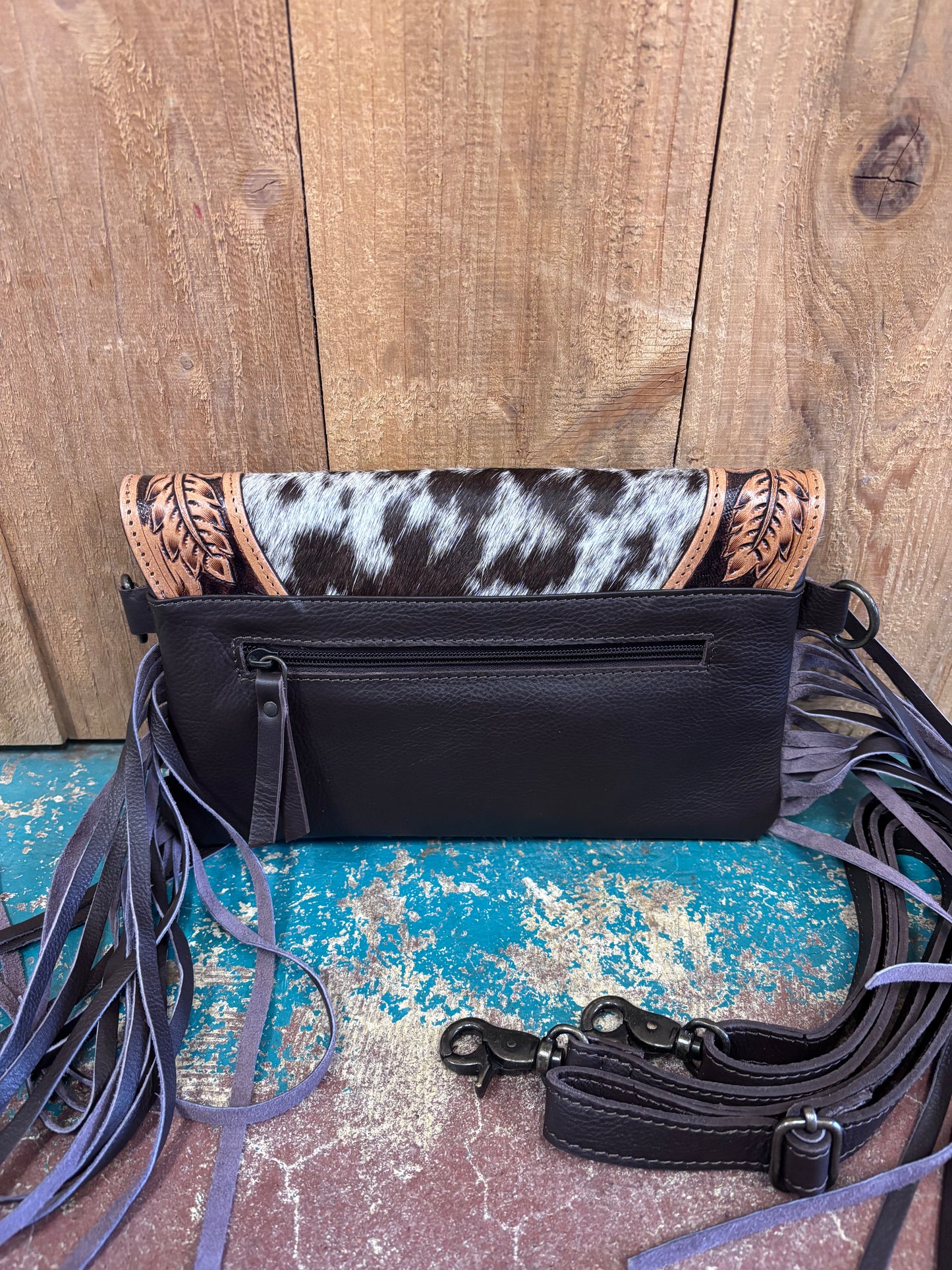 Brown and White Cowhide Tooled Fringed Leather Purse
