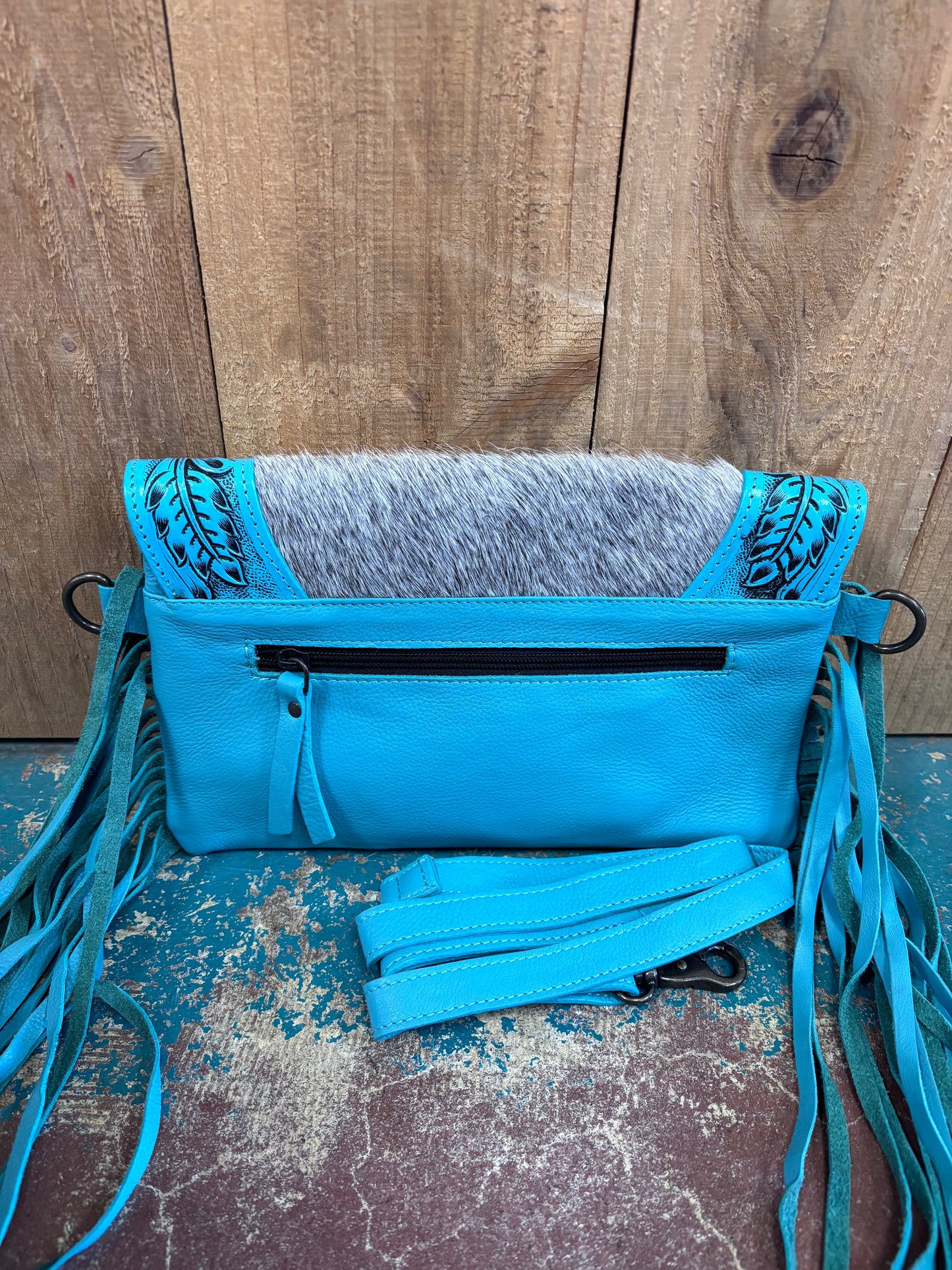 Grey Cowhide Turquoise Tooled Fringed Leather Purse