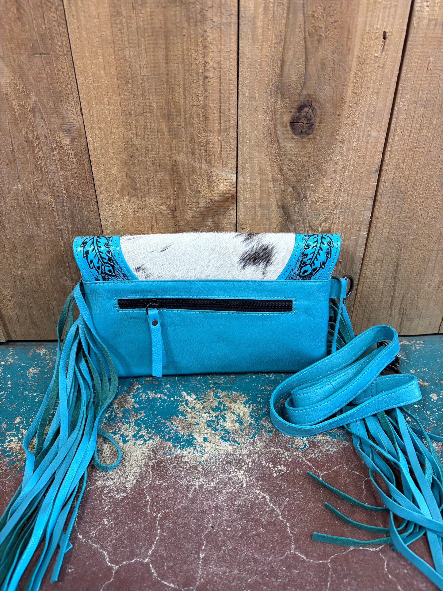 Black And White Cowhide Turquoise Tooled Fringed Leather Purse