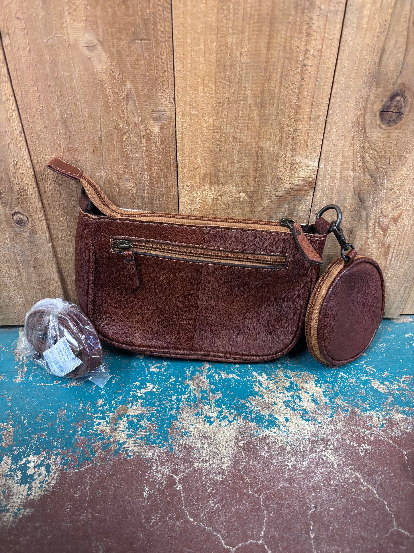 Brown Flower Tooled Cowhide Leather Crossbody Purse