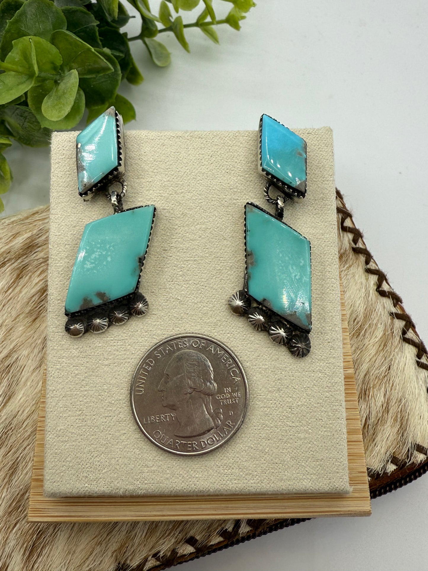 Turquoise 2 Stone Dangle Earrings by Selina Warner, Navajo