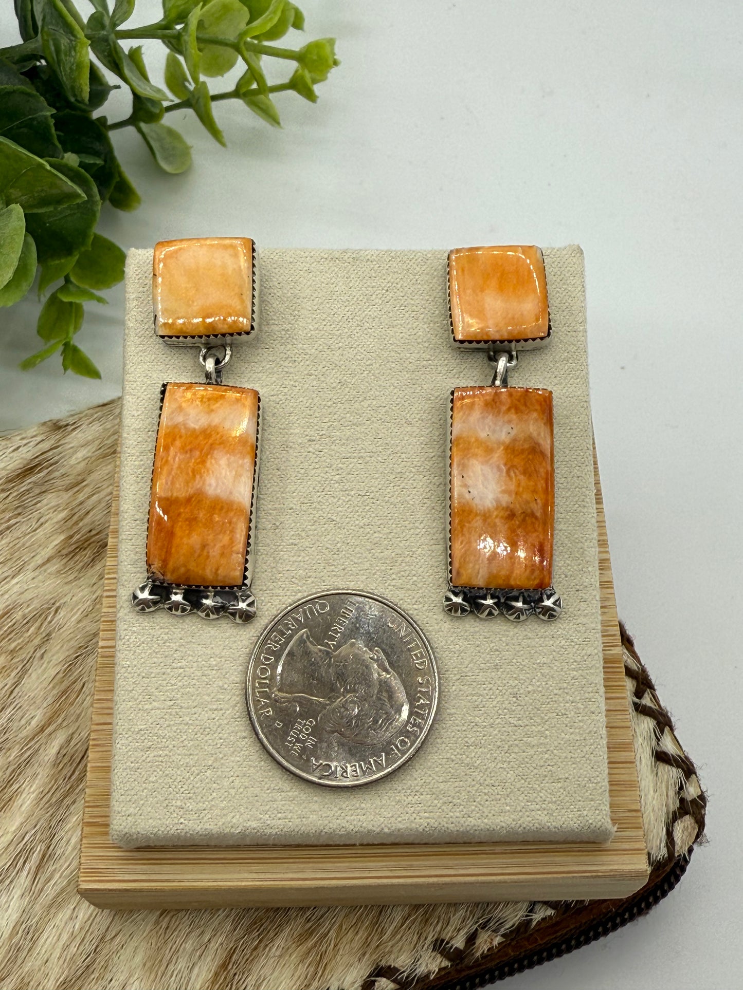 Orange Spiny Oyster 2 Stone Dangle Earrings by Selina Warner, Navajo