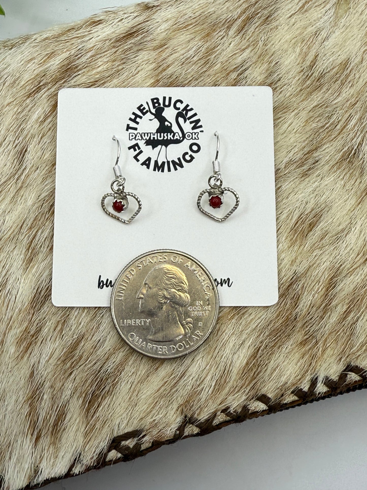 Red Coral Danity Heart dangle Earrings by Shantal Bitsie, Navajo
