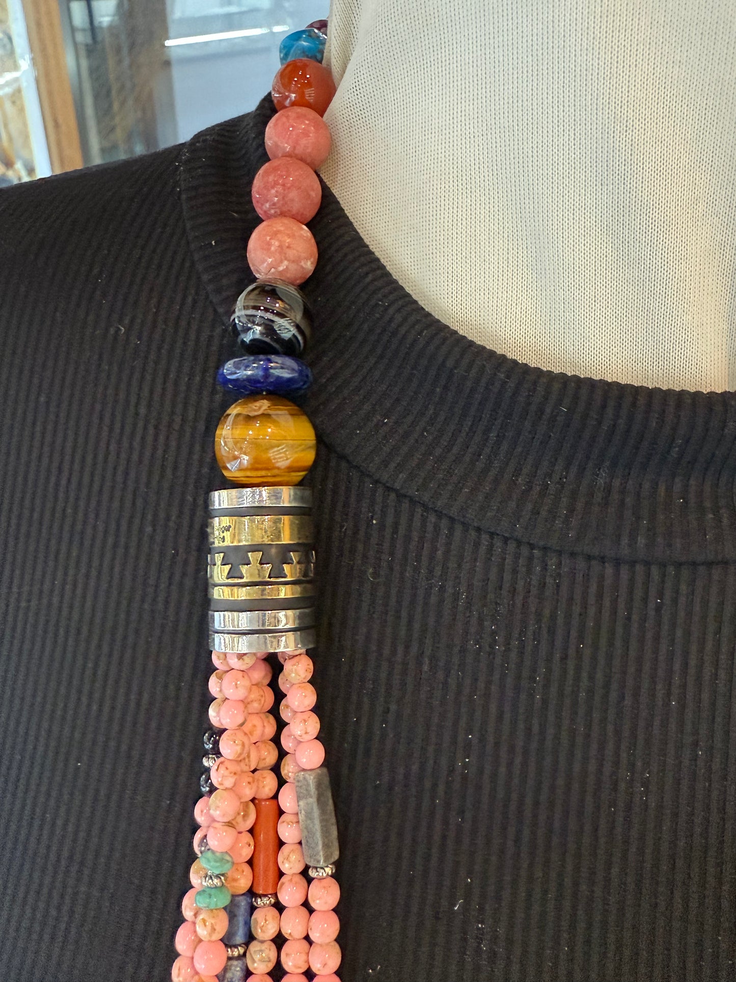 30" Rhodonite & Multi Stone Necklace with Brass Ovelay Barrel Beads by Tommy & Rose Singer, Navajo
