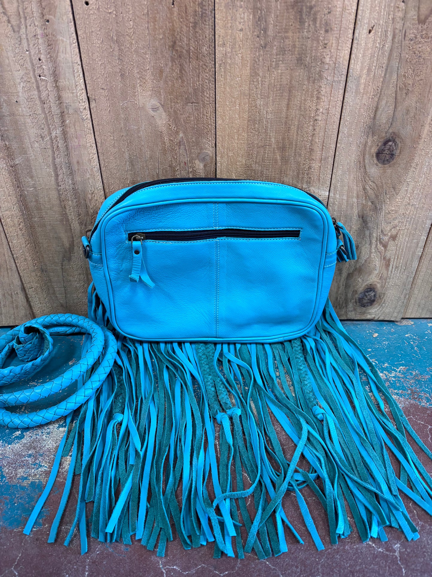 Grey Cowhide Turquoise Fringed Leather Purse